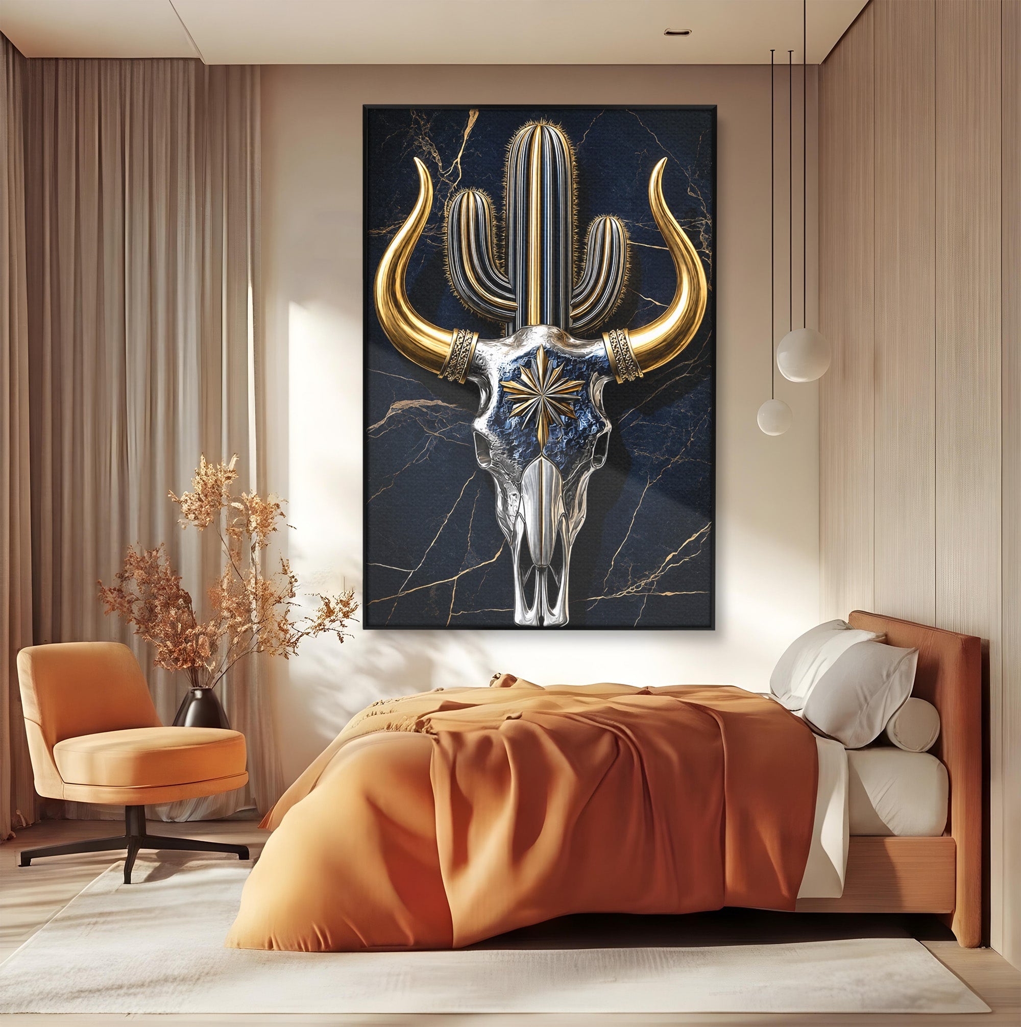 Tablou Canvas Premium LuxCanva® A1878, Comoara Deșertului, Craniu, Taur, Cactus, Abstract, Birou, Modern, Culori Vibrante
