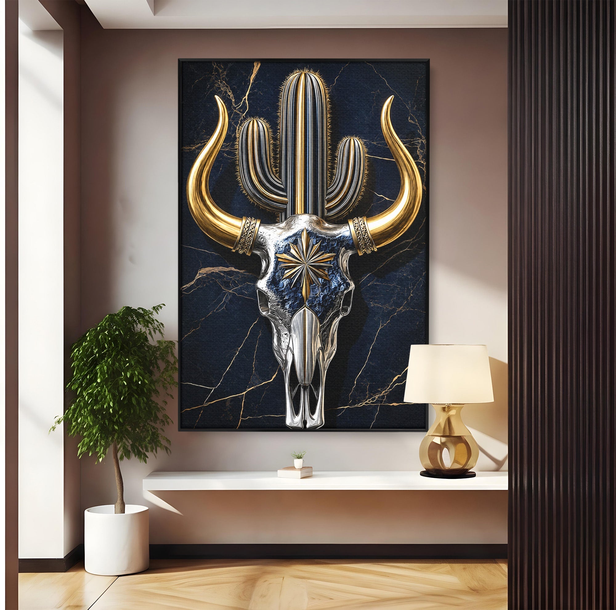 Tablou Canvas Premium LuxCanva® A1878, Comoara Deșertului, Craniu, Taur, Cactus, Abstract, Birou, Modern, Culori Vibrante
