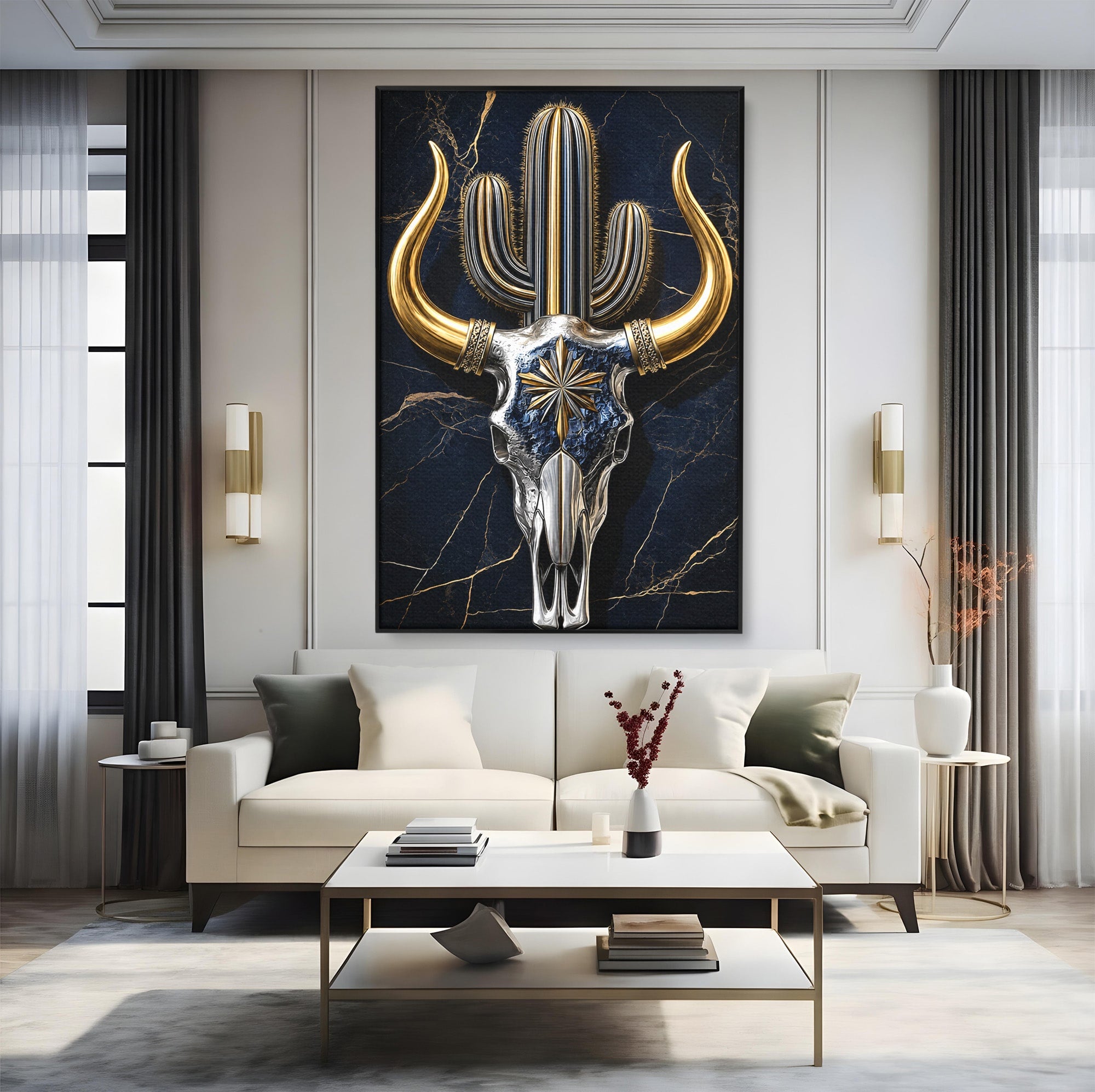 Tablou Canvas Premium LuxCanva® A1878, Comoara Deșertului, Craniu, Taur, Cactus, Abstract, Birou, Modern, Culori Vibrante