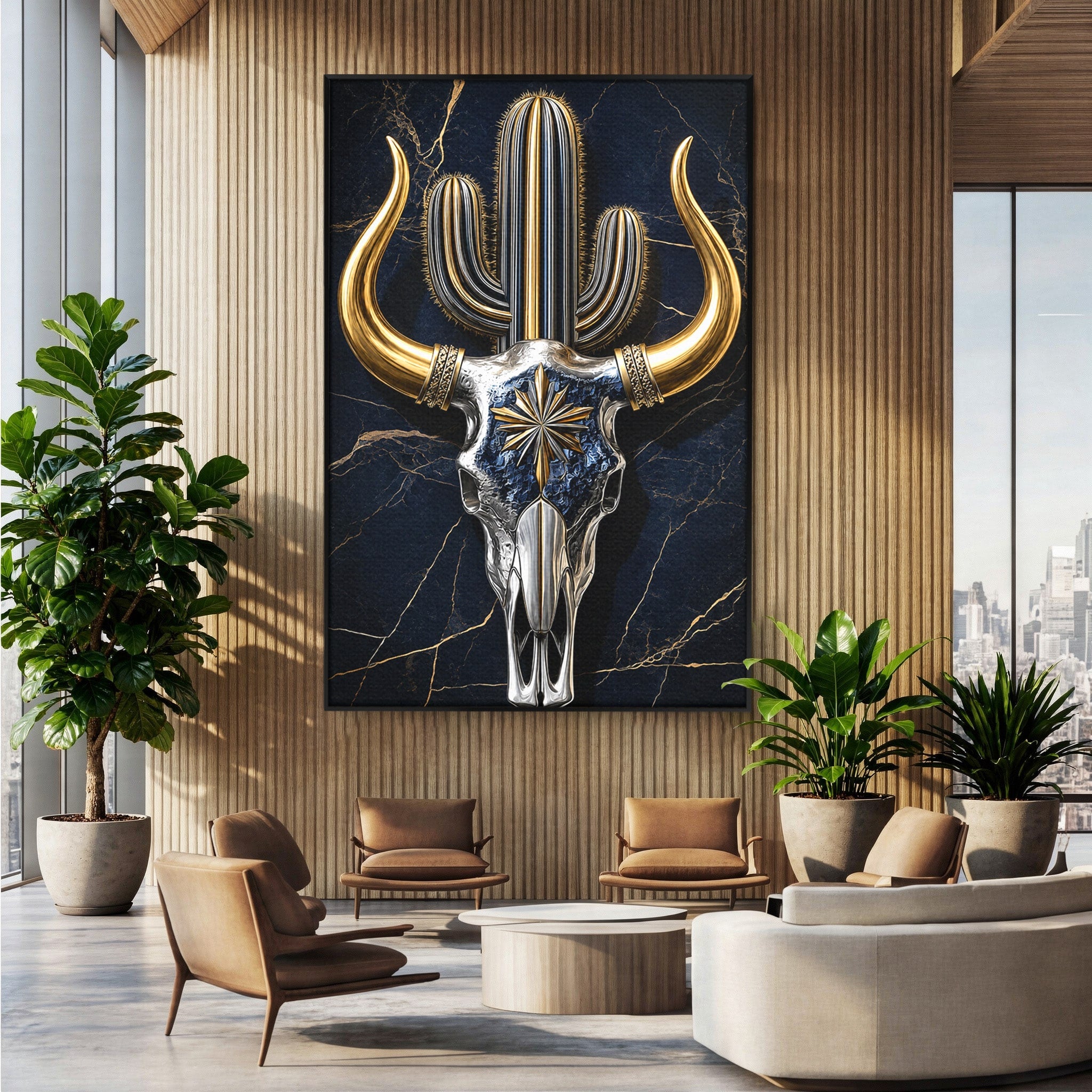 Tablou Canvas Premium LuxCanva® A1878, Comoara Deșertului, Craniu, Taur, Cactus, Abstract, Birou, Modern, Culori Vibrante