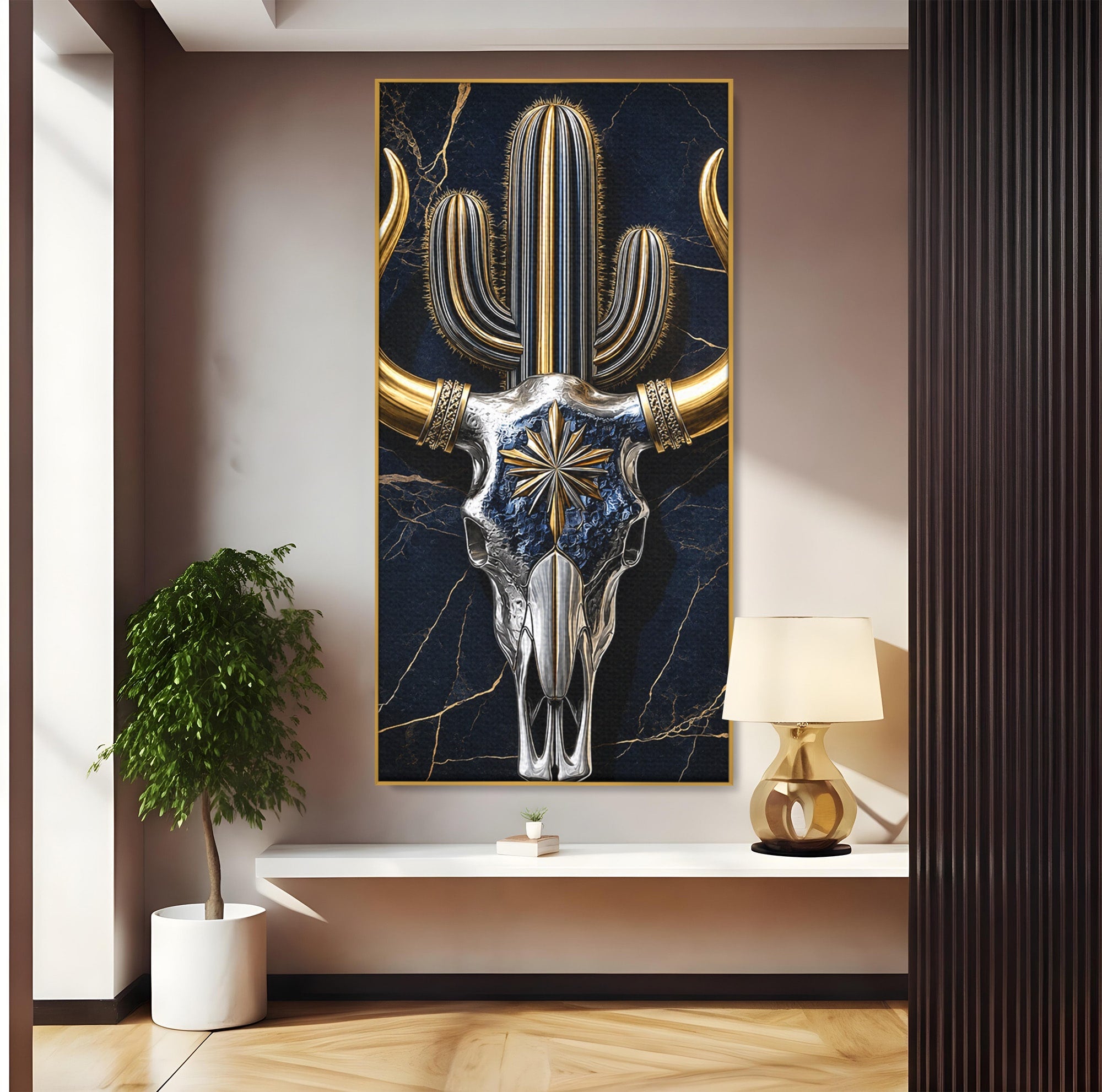 Tablou Canvas Premium LuxCanva® A1878, Comoara Deșertului, Craniu, Taur, Cactus, Abstract, Birou, Modern, Culori Vibrante