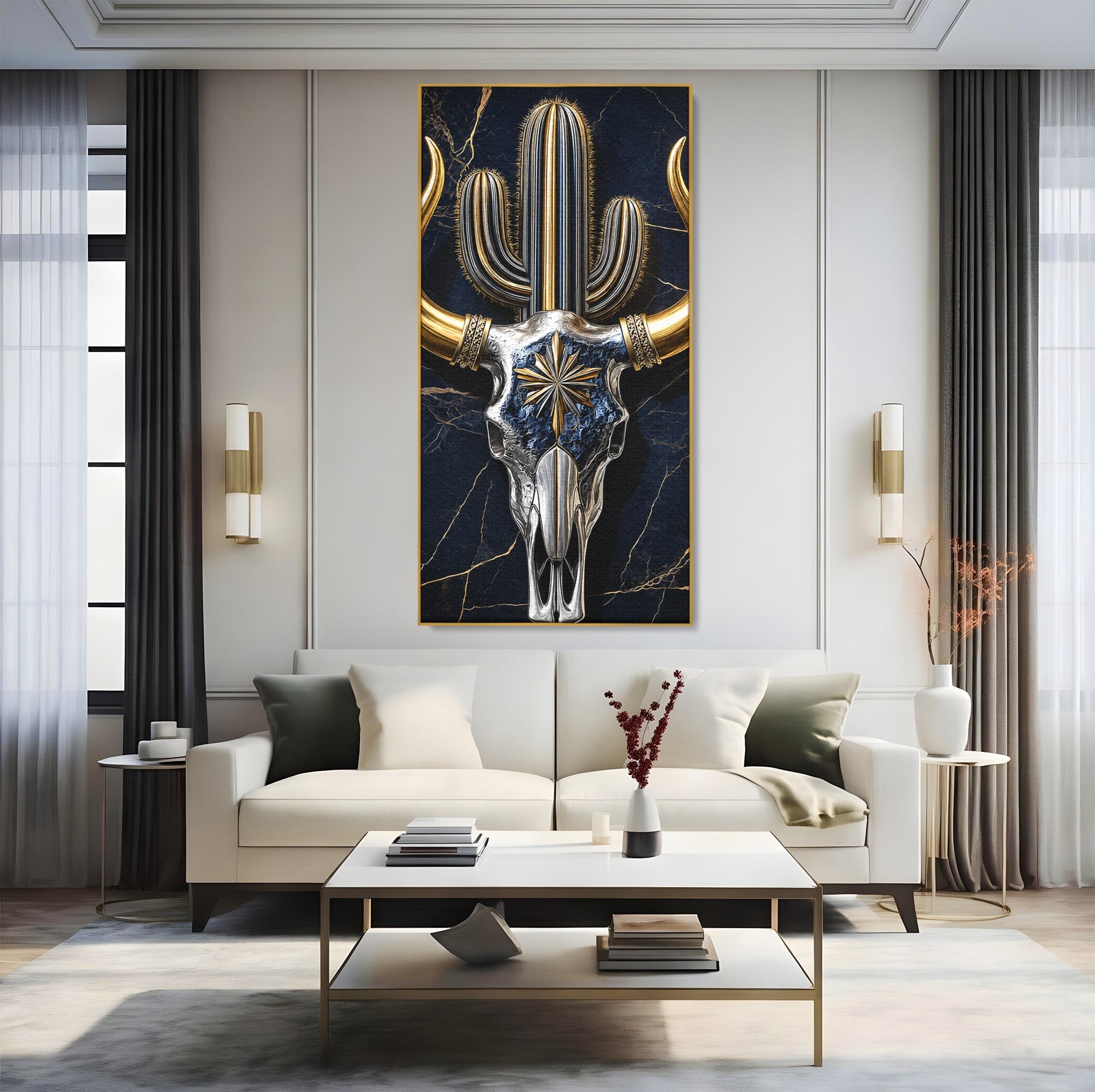 Tablou Canvas Premium LuxCanva® A1878, Comoara Deșertului, Craniu, Taur, Cactus, Abstract, Birou, Modern, Culori Vibrante