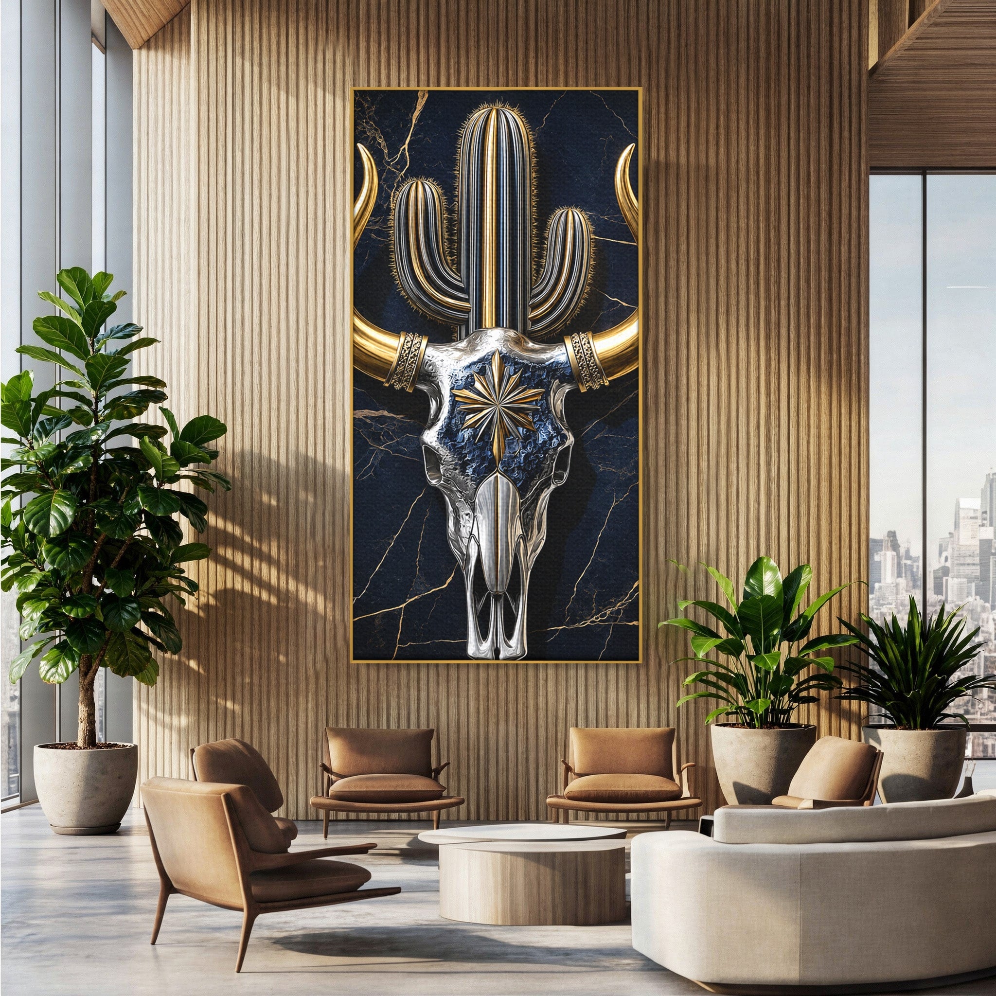 Tablou Canvas Premium LuxCanva® A1878, Comoara Deșertului, Craniu, Taur, Cactus, Abstract, Birou, Modern, Culori Vibrante