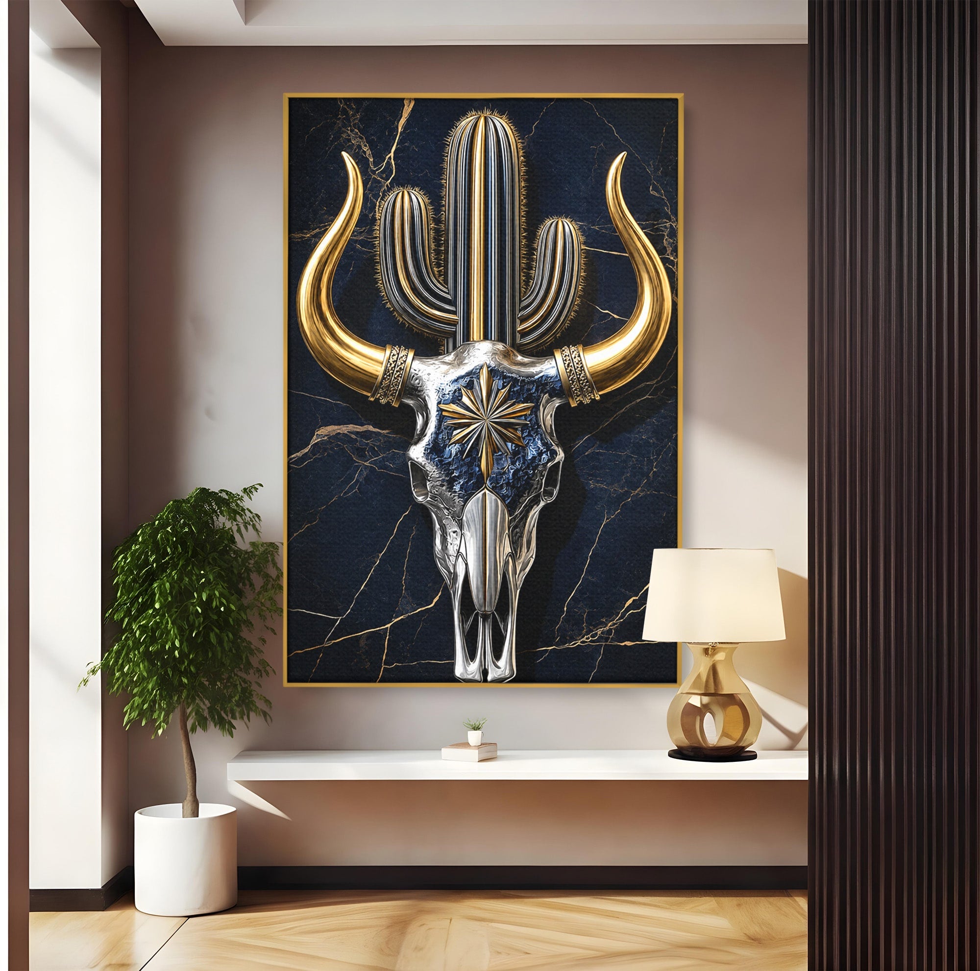 Tablou Canvas Premium LuxCanva® A1878, Comoara Deșertului, Craniu, Taur, Cactus, Abstract, Birou, Modern, Culori Vibrante
