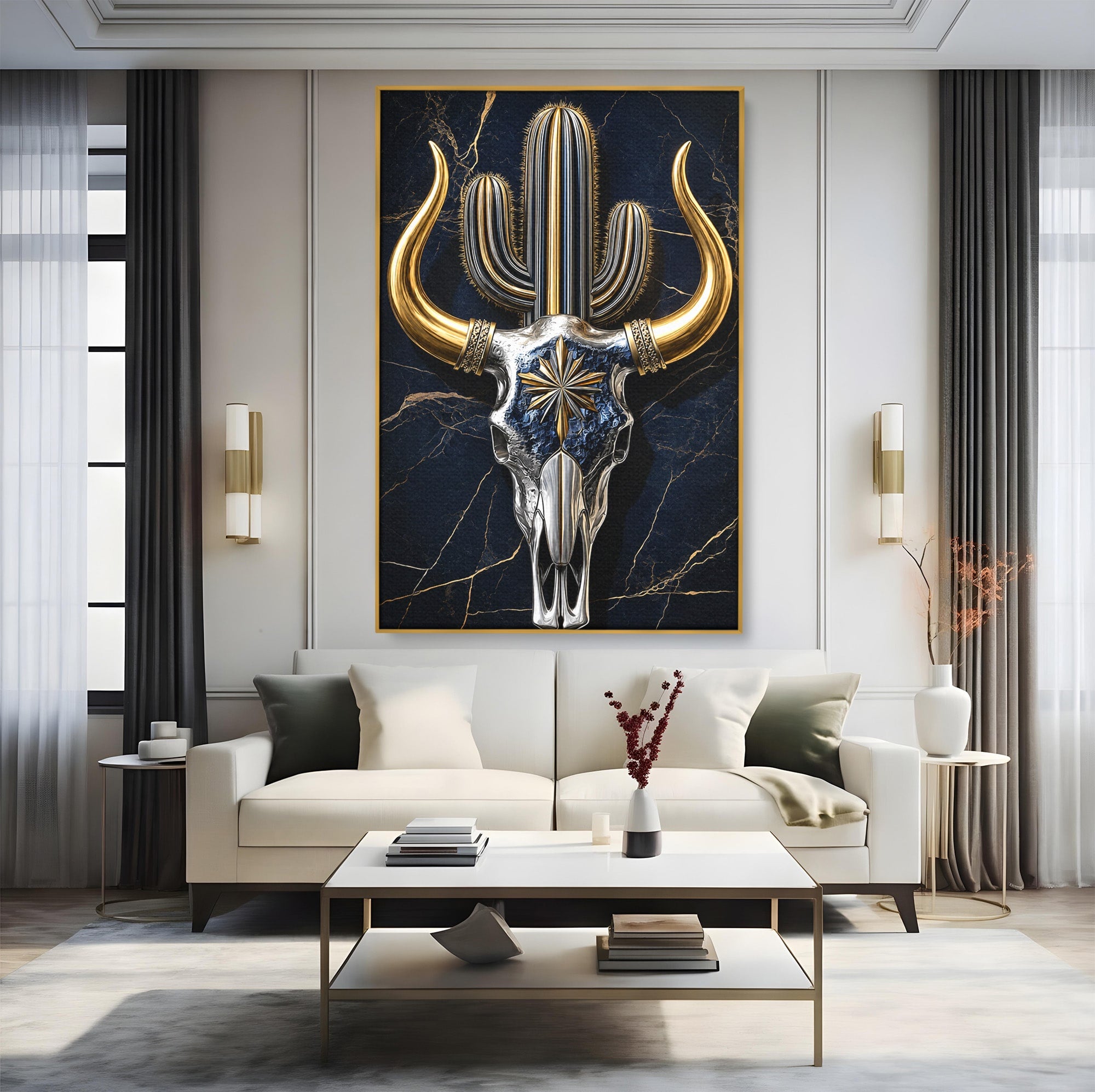 Tablou Canvas Premium LuxCanva® A1878, Comoara Deșertului, Craniu, Taur, Cactus, Abstract, Birou, Modern, Culori Vibrante