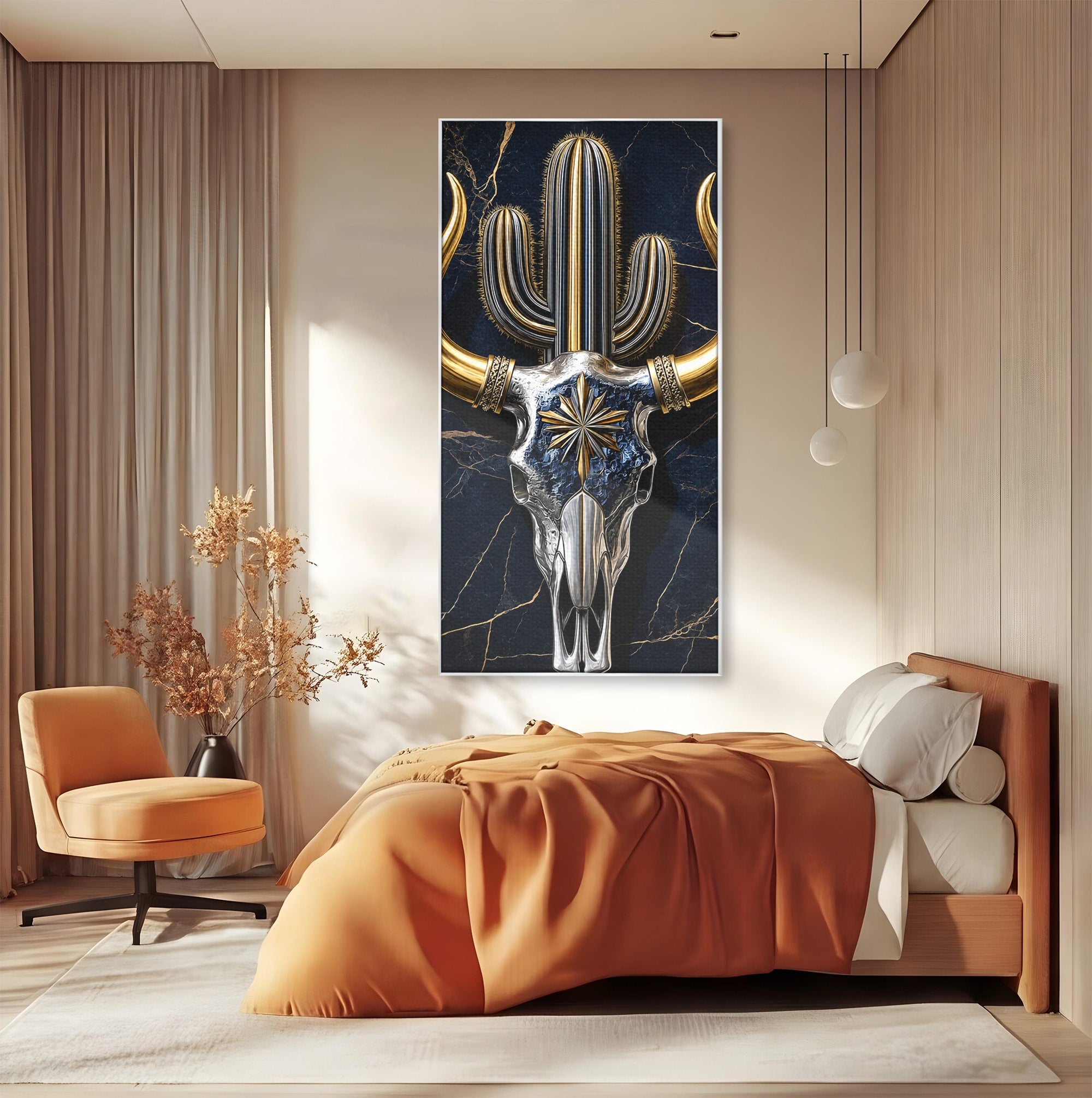 Tablou Canvas Premium LuxCanva® A1878, Comoara Deșertului, Craniu, Taur, Cactus, Abstract, Birou, Modern, Culori Vibrante