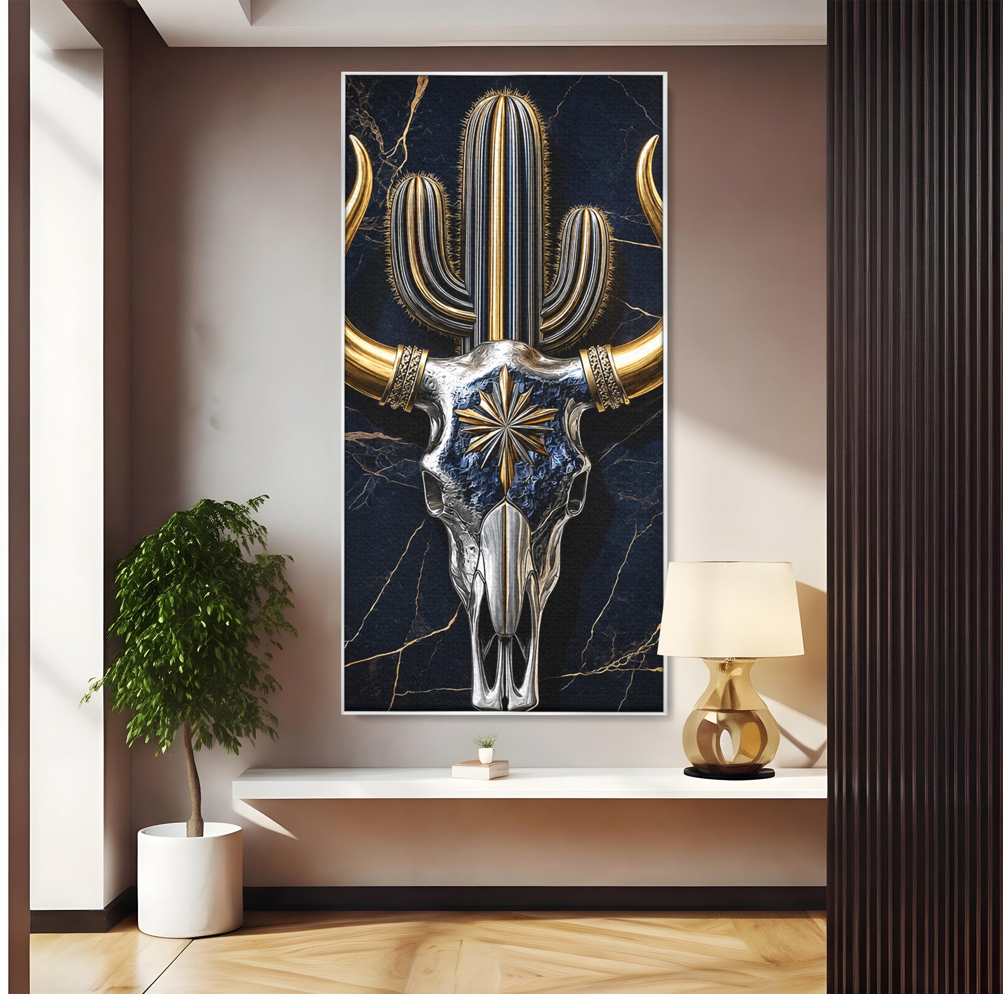 Tablou Canvas Premium LuxCanva® A1878, Comoara Deșertului, Craniu, Taur, Cactus, Abstract, Birou, Modern, Culori Vibrante