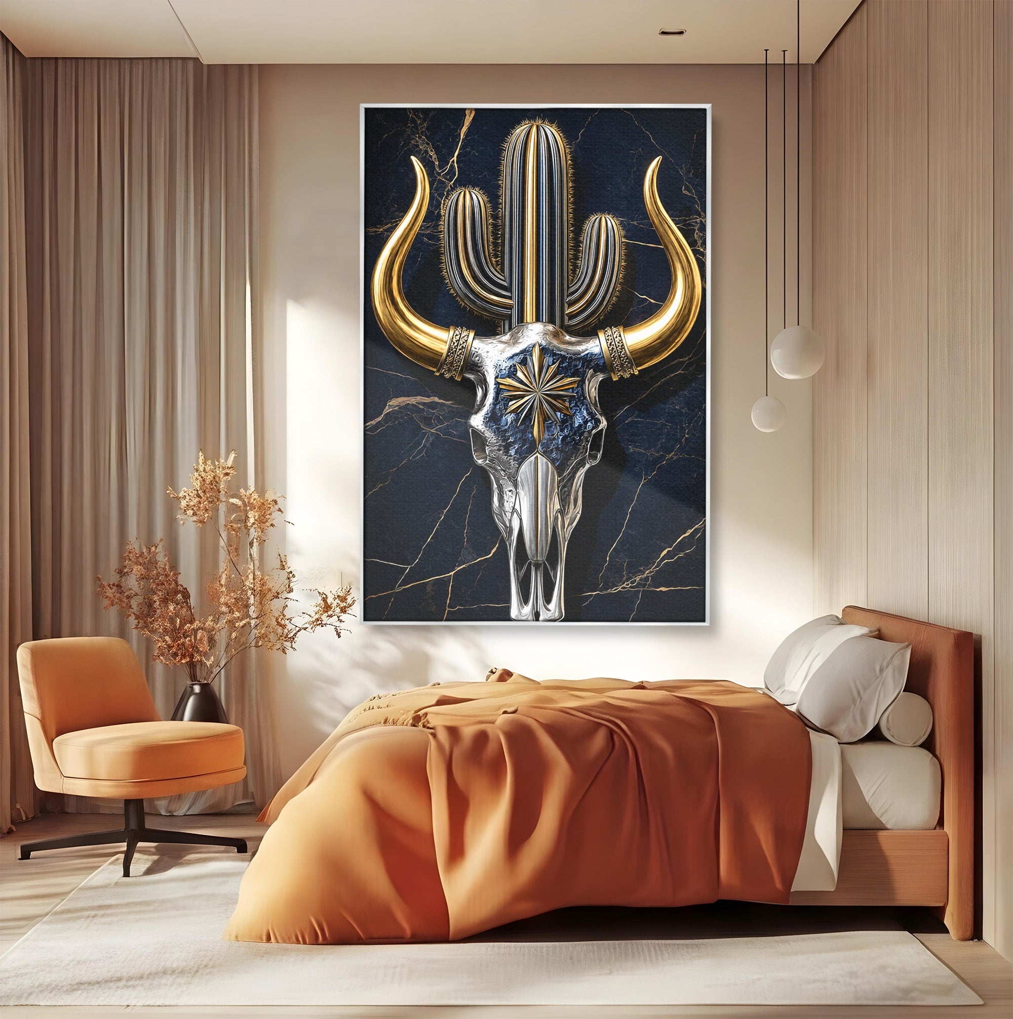 Tablou Canvas Premium LuxCanva® A1878, Comoara Deșertului, Craniu, Taur, Cactus, Abstract, Birou, Modern, Culori Vibrante