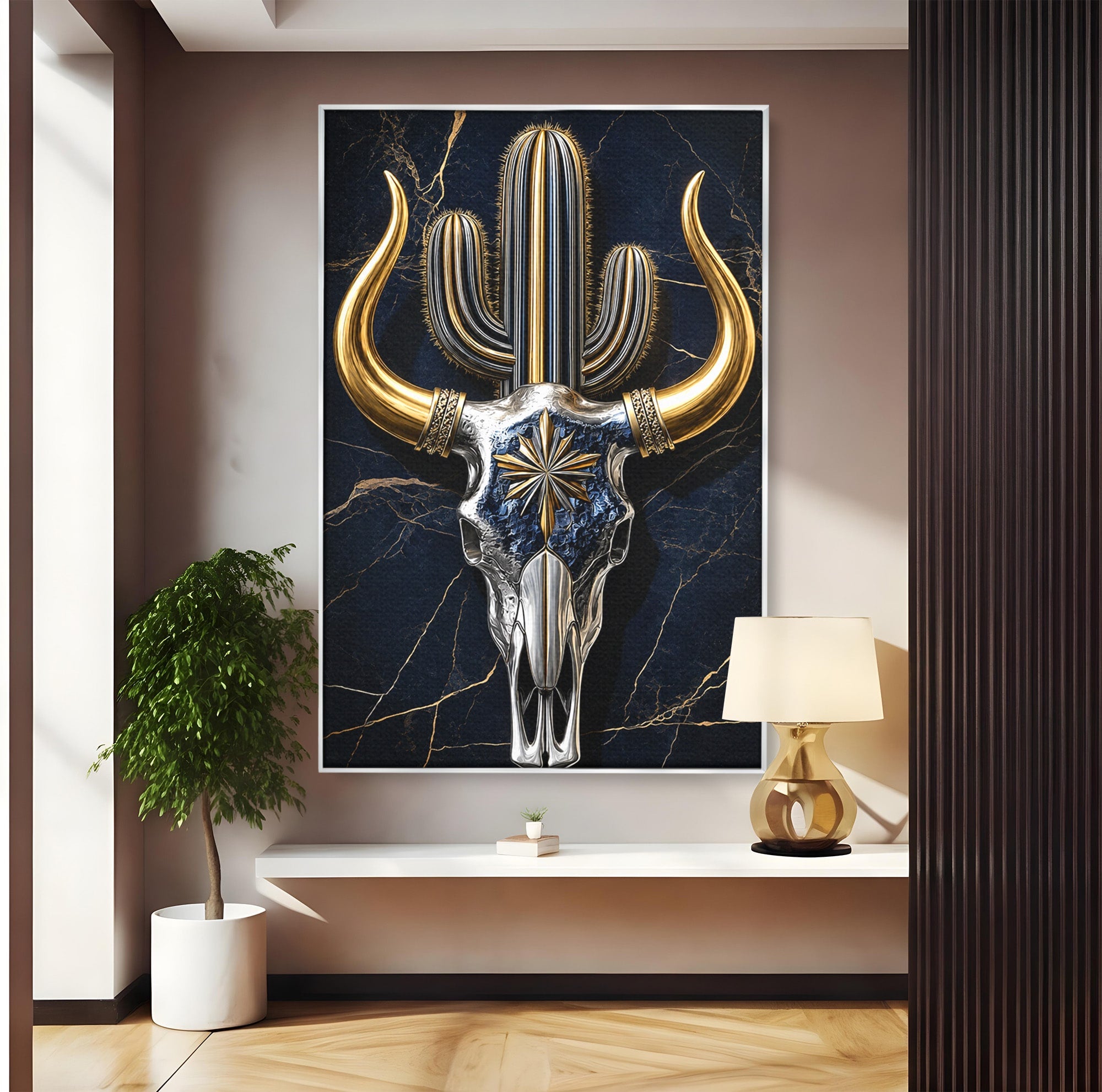 Tablou Canvas Premium LuxCanva® A1878, Comoara Deșertului, Craniu, Taur, Cactus, Abstract, Birou, Modern, Culori Vibrante