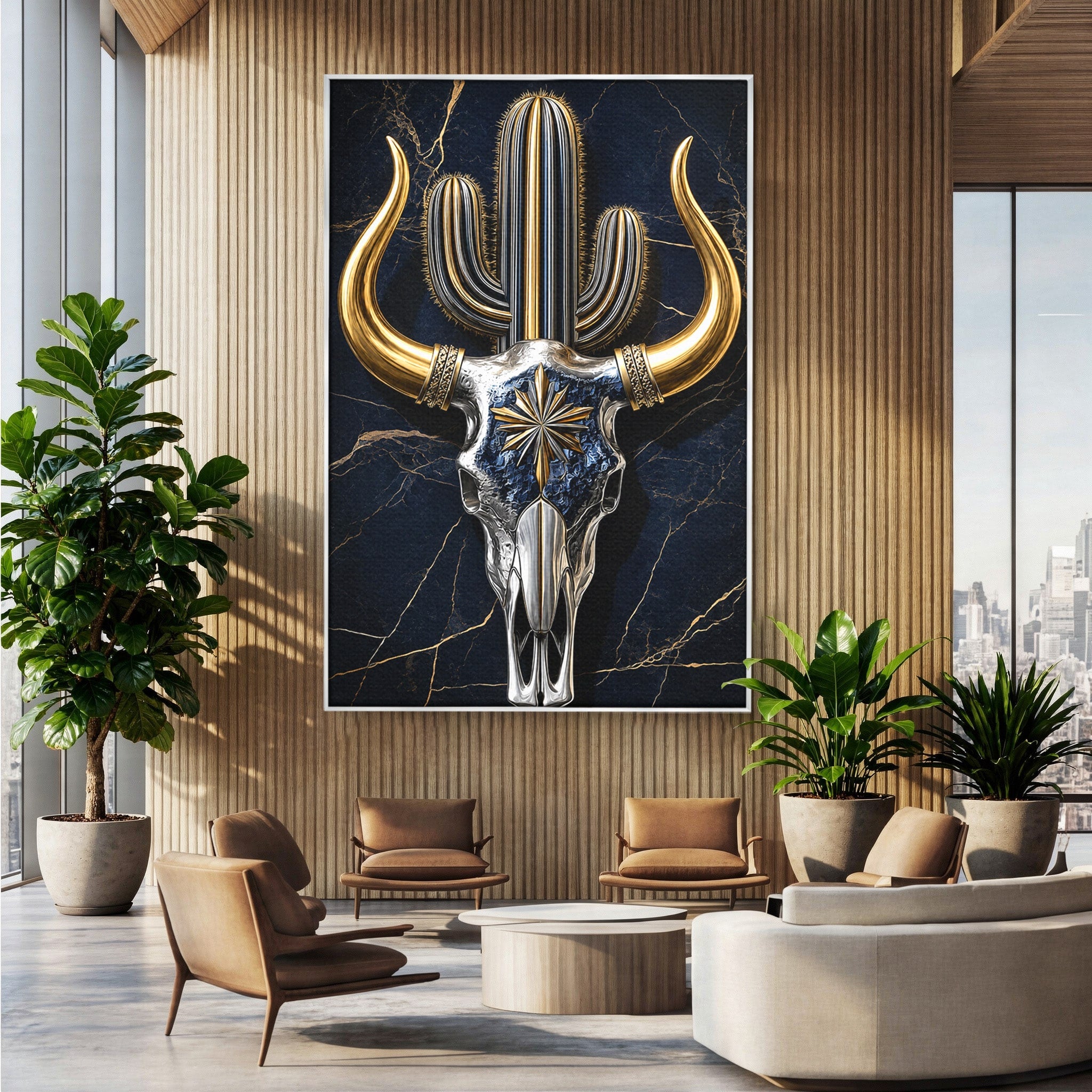 Tablou Canvas Premium LuxCanva® A1878, Comoara Deșertului, Craniu, Taur, Cactus, Abstract, Birou, Modern, Culori Vibrante