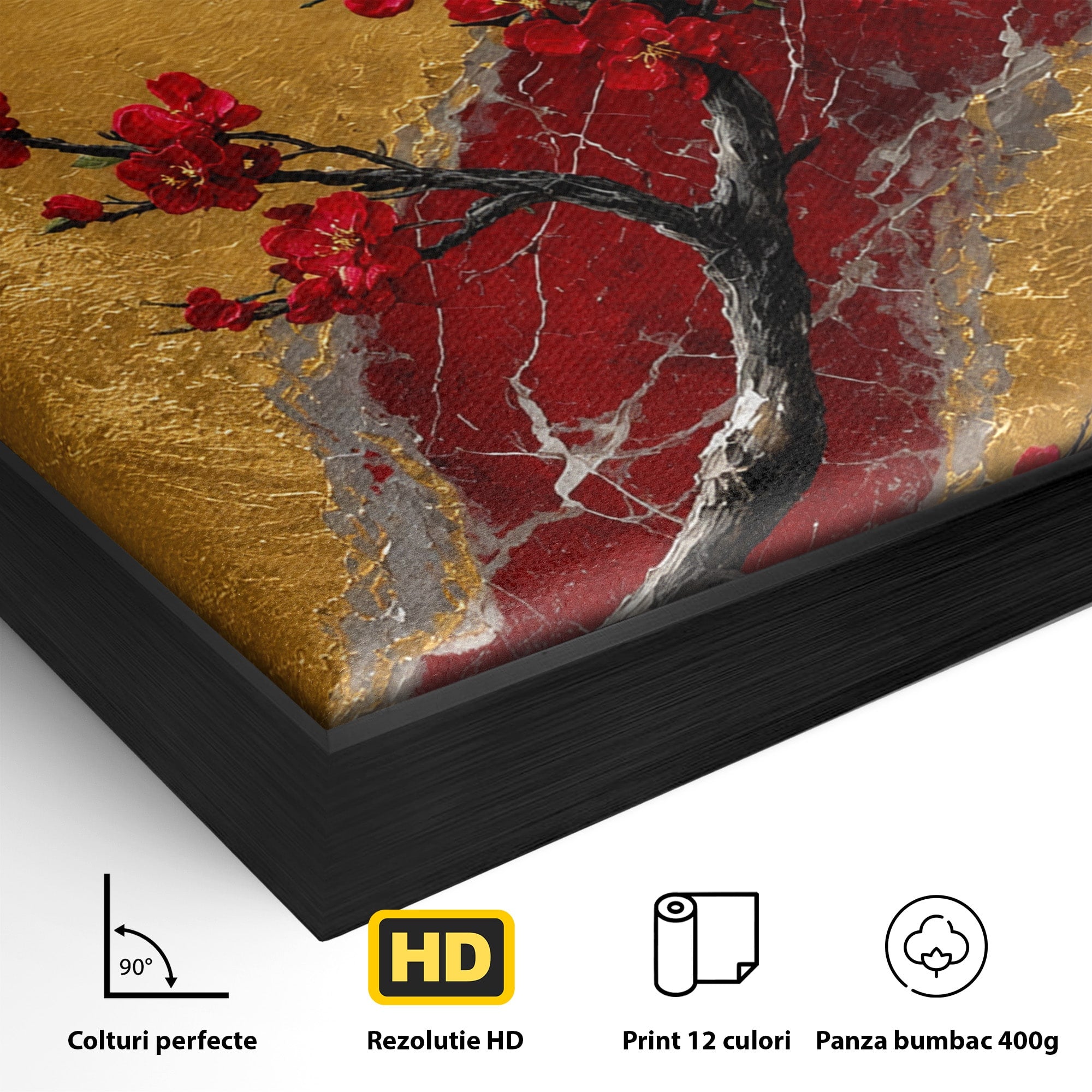 Tablou Canvas Premium LuxCanva® A1879, Sakura Pe Fundal Auriu, Sakura, Copac, Flori, Living, Dormitor, Culori Vibrante