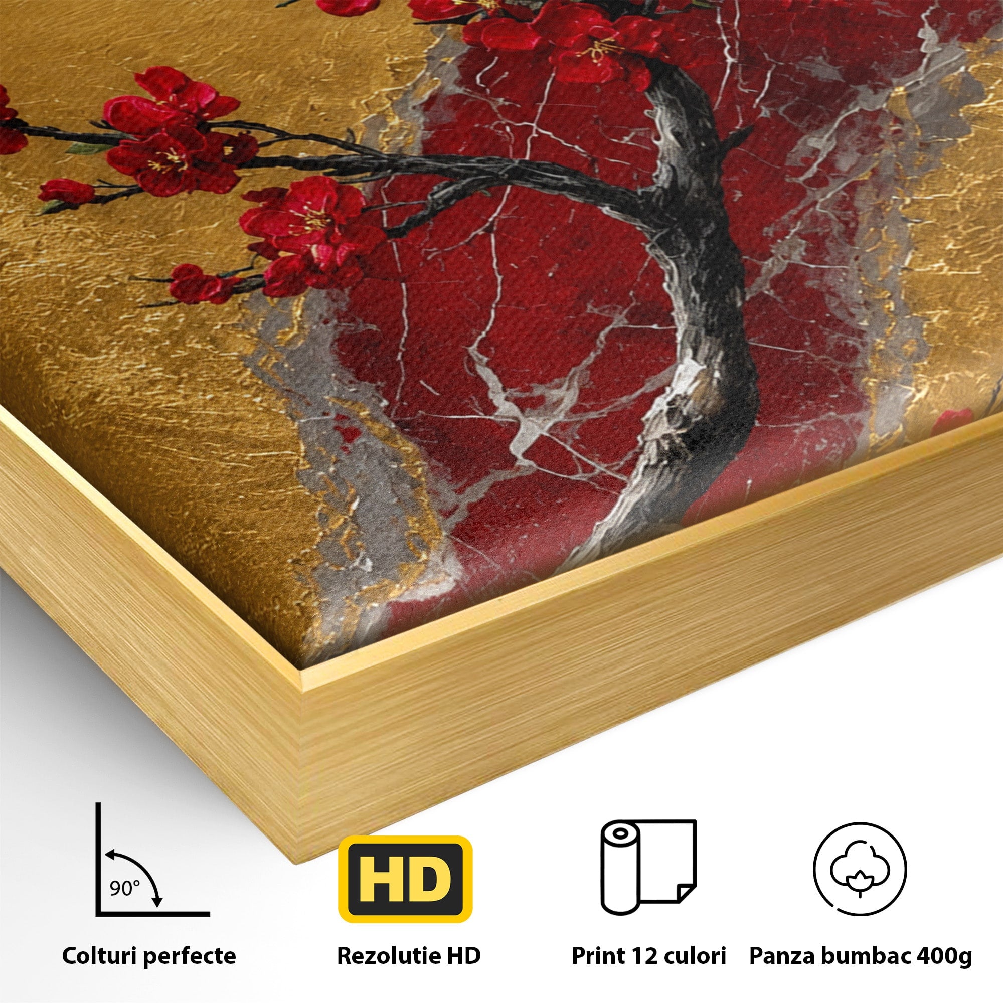 Tablou Canvas Premium LuxCanva® A1879, Sakura Pe Fundal Auriu, Sakura, Copac, Flori, Living, Dormitor, Culori Vibrante