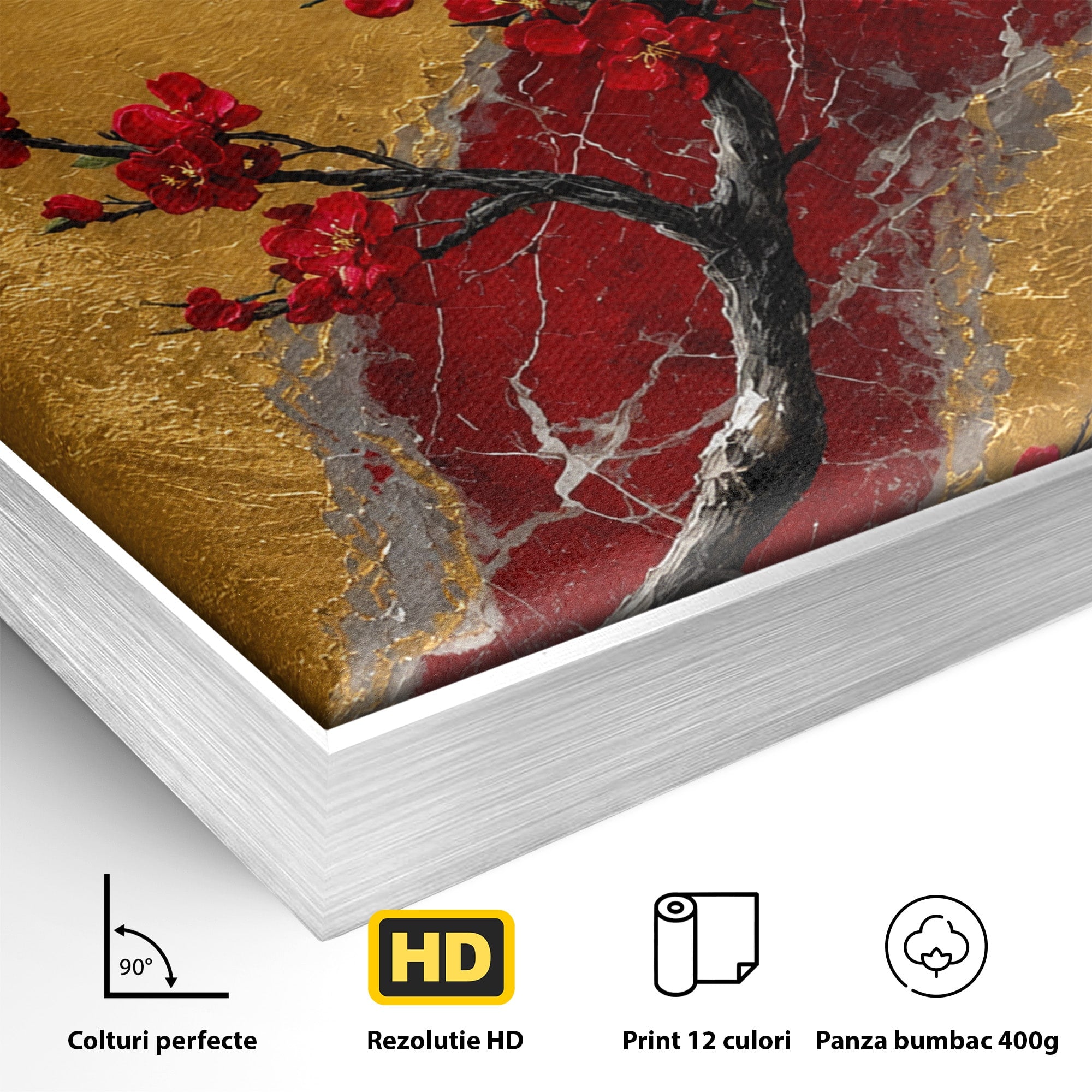 Tablou Canvas Premium LuxCanva® A1879, Sakura Pe Fundal Auriu, Sakura, Copac, Flori, Living, Dormitor, Culori Vibrante