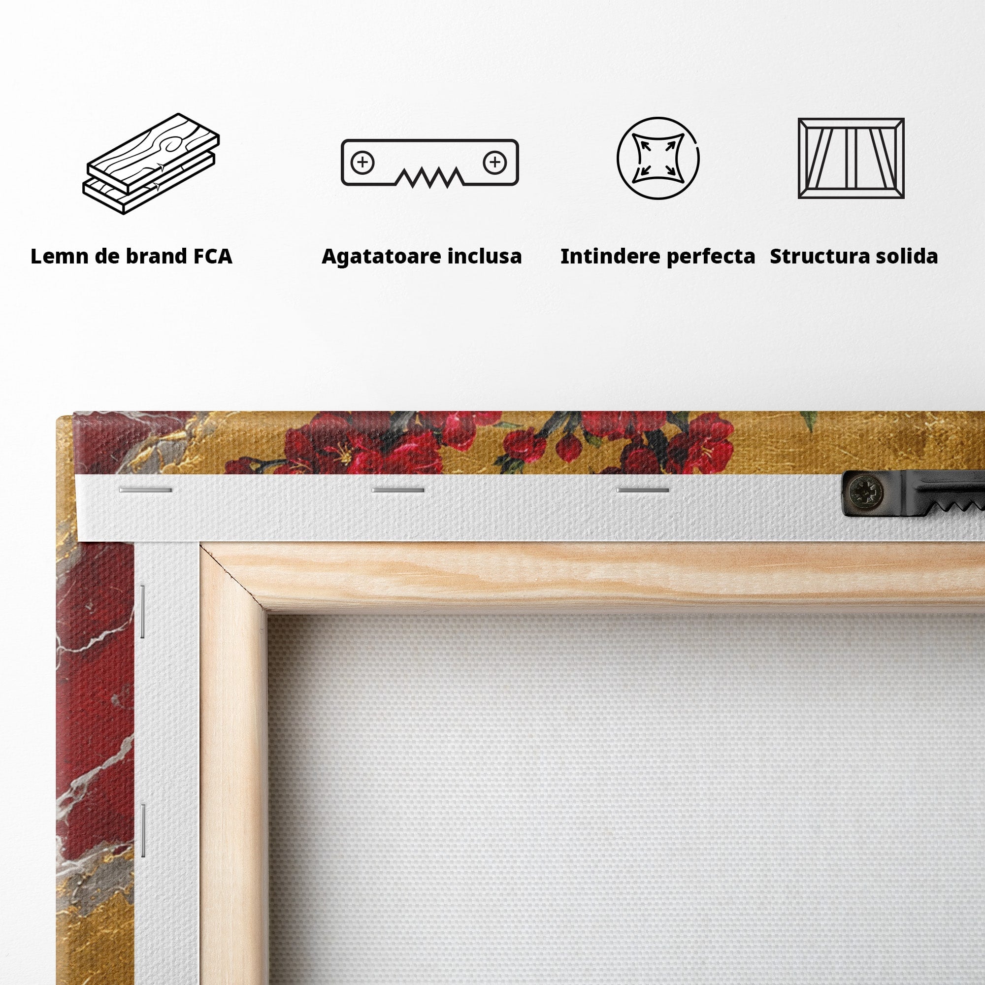 Tablou Canvas Premium LuxCanva® A1879, Sakura Pe Fundal Auriu, Sakura, Copac, Flori, Living, Dormitor, Culori Vibrante