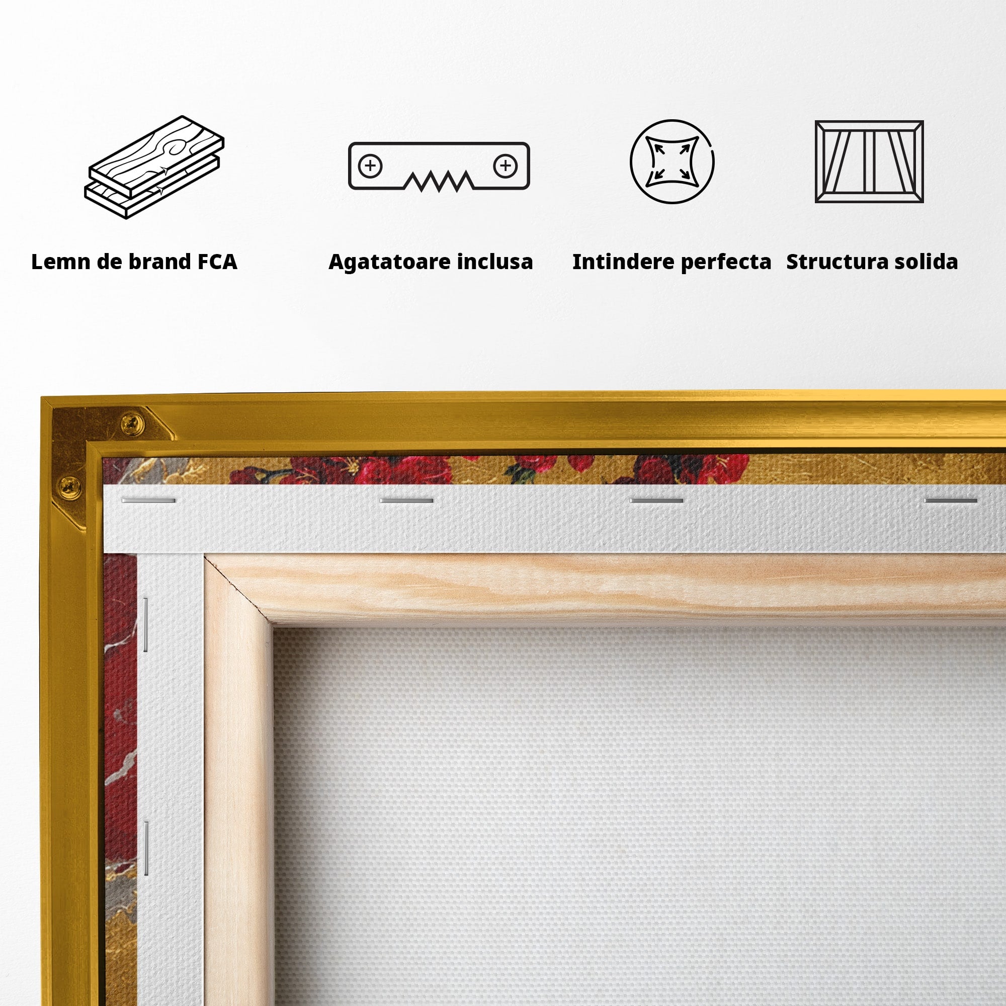 Tablou Canvas Premium LuxCanva® A1879, Sakura Pe Fundal Auriu, Sakura, Copac, Flori, Living, Dormitor, Culori Vibrante