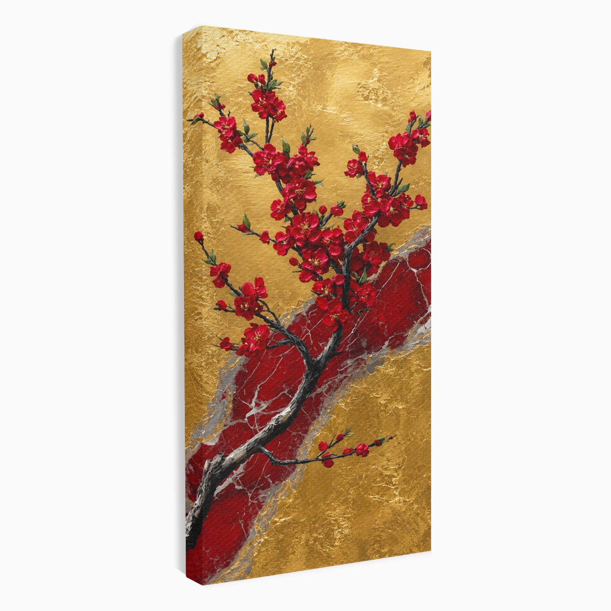 Tablou Canvas Premium LuxCanva® A1879, Sakura Pe Fundal Auriu, Sakura, Copac, Flori, Living, Dormitor, Culori Vibrante