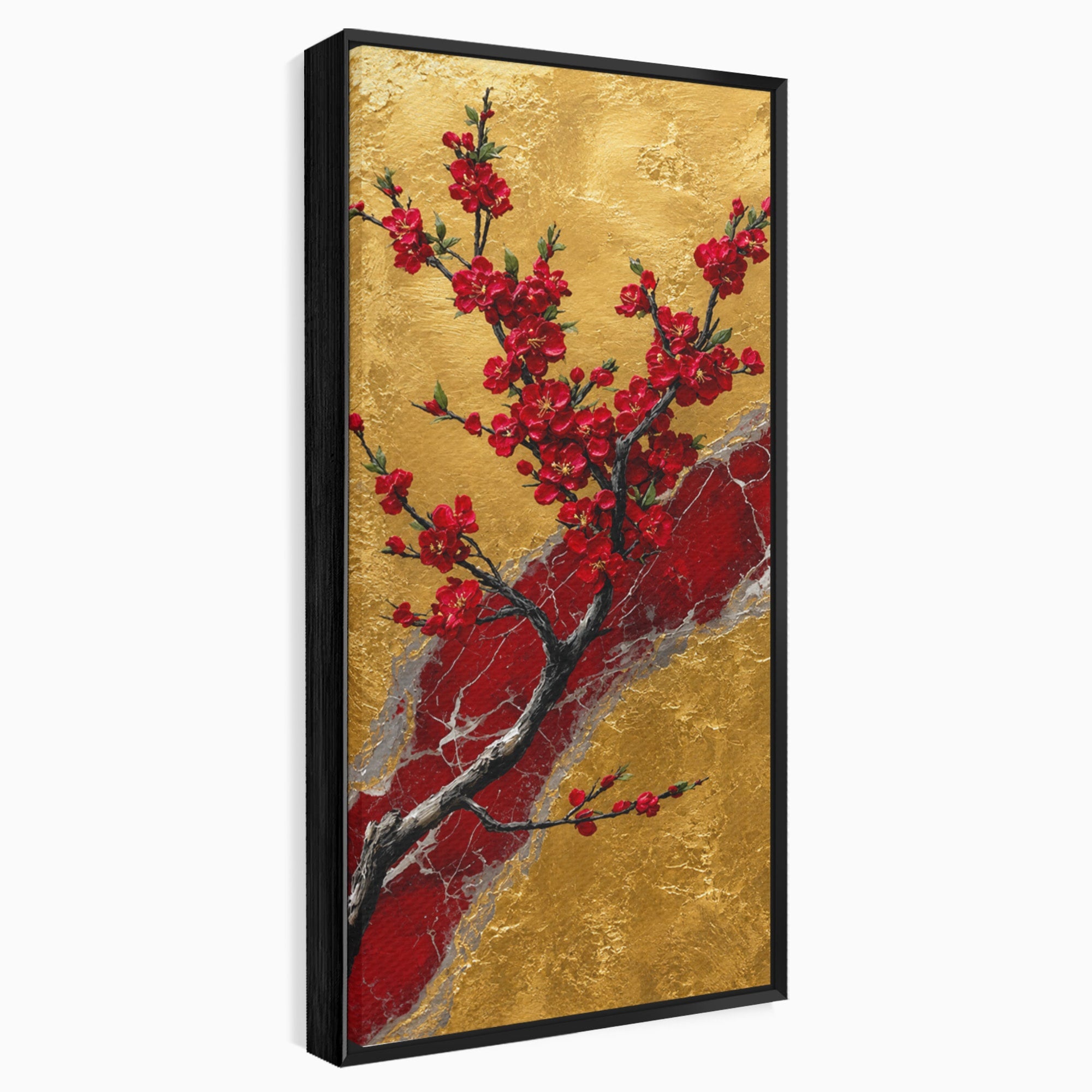 Tablou Canvas Premium LuxCanva® A1879, Sakura Pe Fundal Auriu, Sakura, Copac, Flori, Living, Dormitor, Culori Vibrante