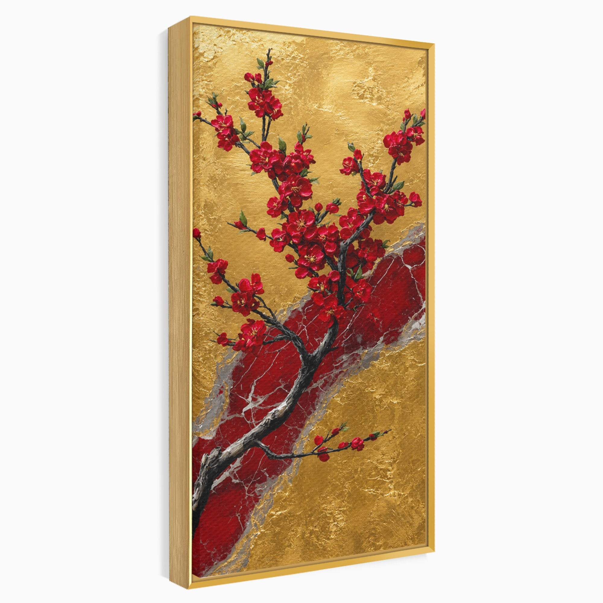 Tablou Canvas Premium LuxCanva® A1879, Sakura Pe Fundal Auriu, Sakura, Copac, Flori, Living, Dormitor, Culori Vibrante