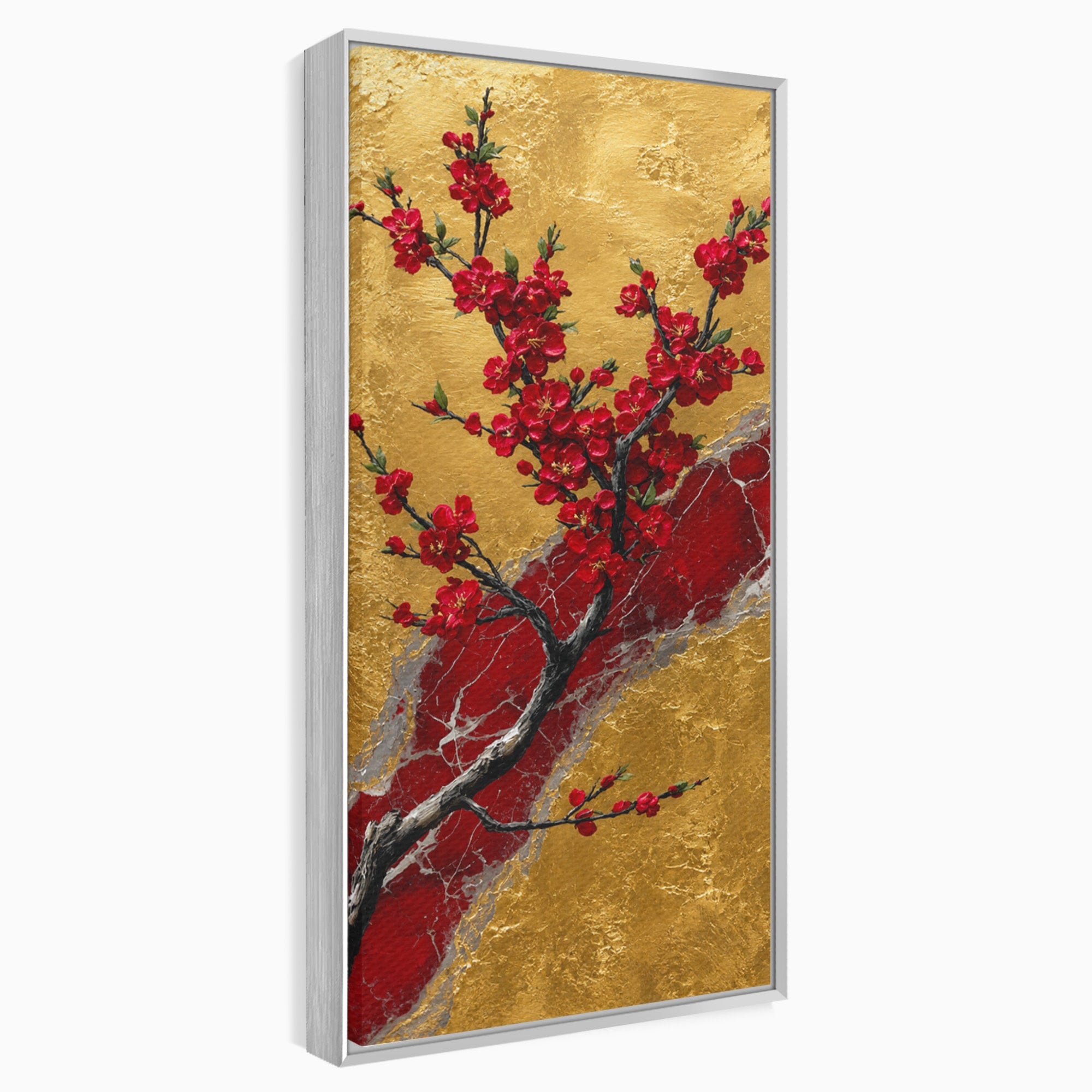 Tablou Canvas Premium LuxCanva® A1879, Sakura Pe Fundal Auriu, Sakura, Copac, Flori, Living, Dormitor, Culori Vibrante