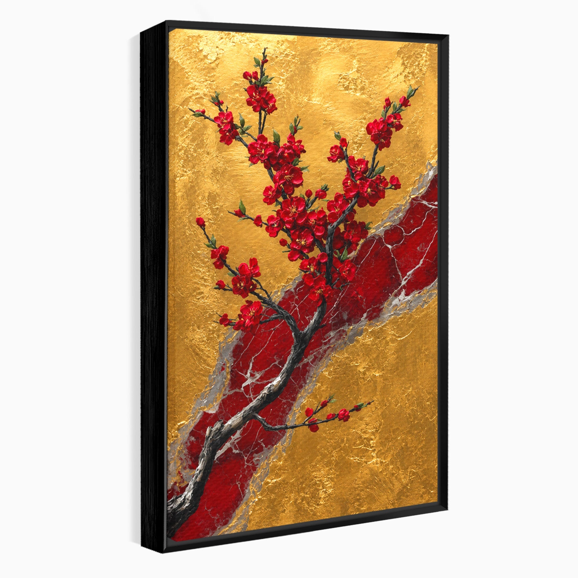 Tablou Canvas Premium LuxCanva® A1879, Sakura Pe Fundal Auriu, Sakura, Copac, Flori, Living, Dormitor, Culori Vibrante