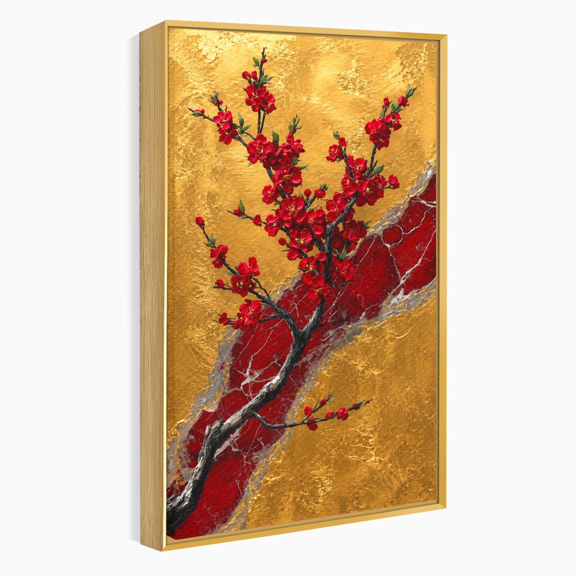 Tablou Canvas Premium LuxCanva® A1879, Sakura Pe Fundal Auriu, Sakura, Copac, Flori, Living, Dormitor, Culori Vibrante
