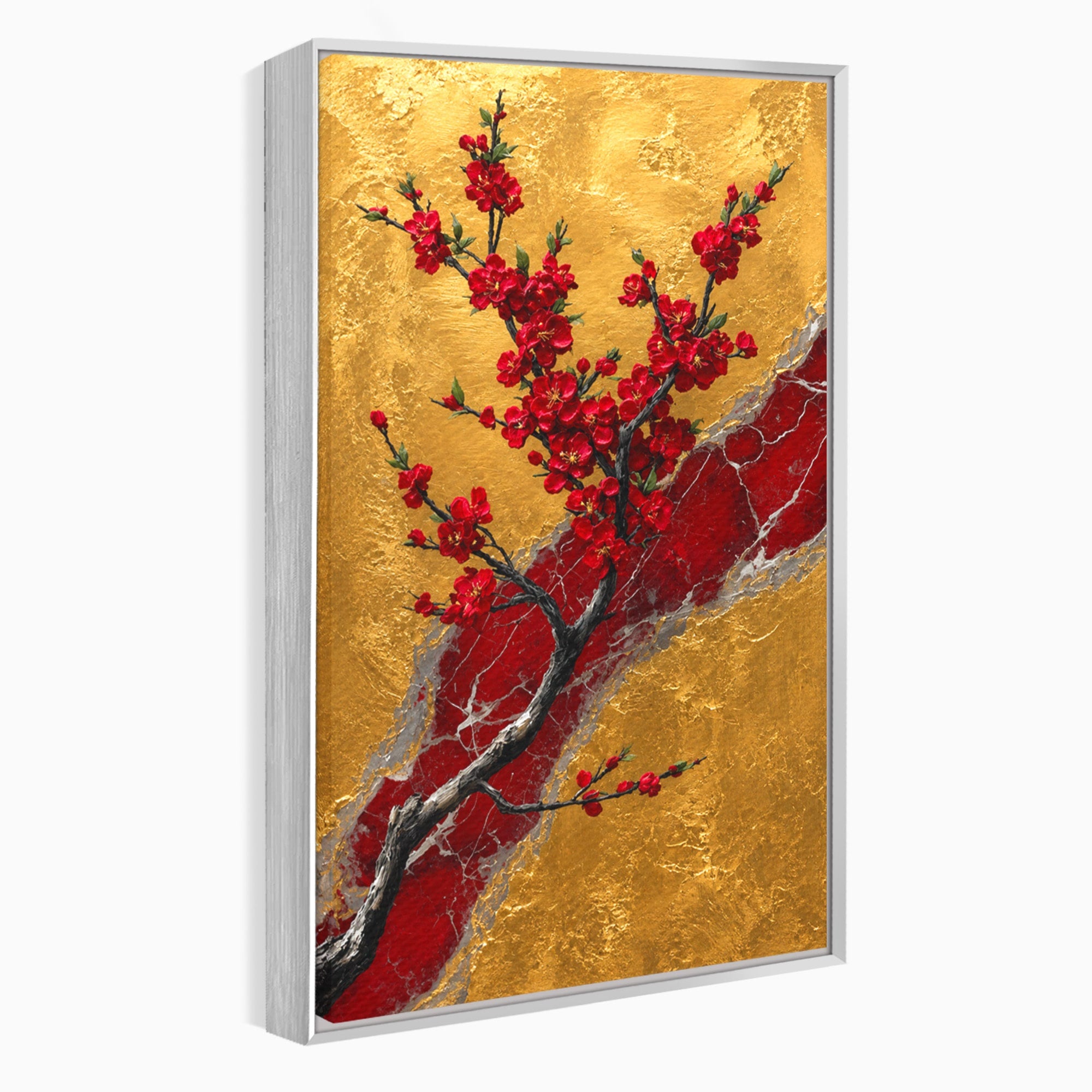 Tablou Canvas Premium LuxCanva® A1879, Sakura Pe Fundal Auriu, Sakura, Copac, Flori, Living, Dormitor, Culori Vibrante