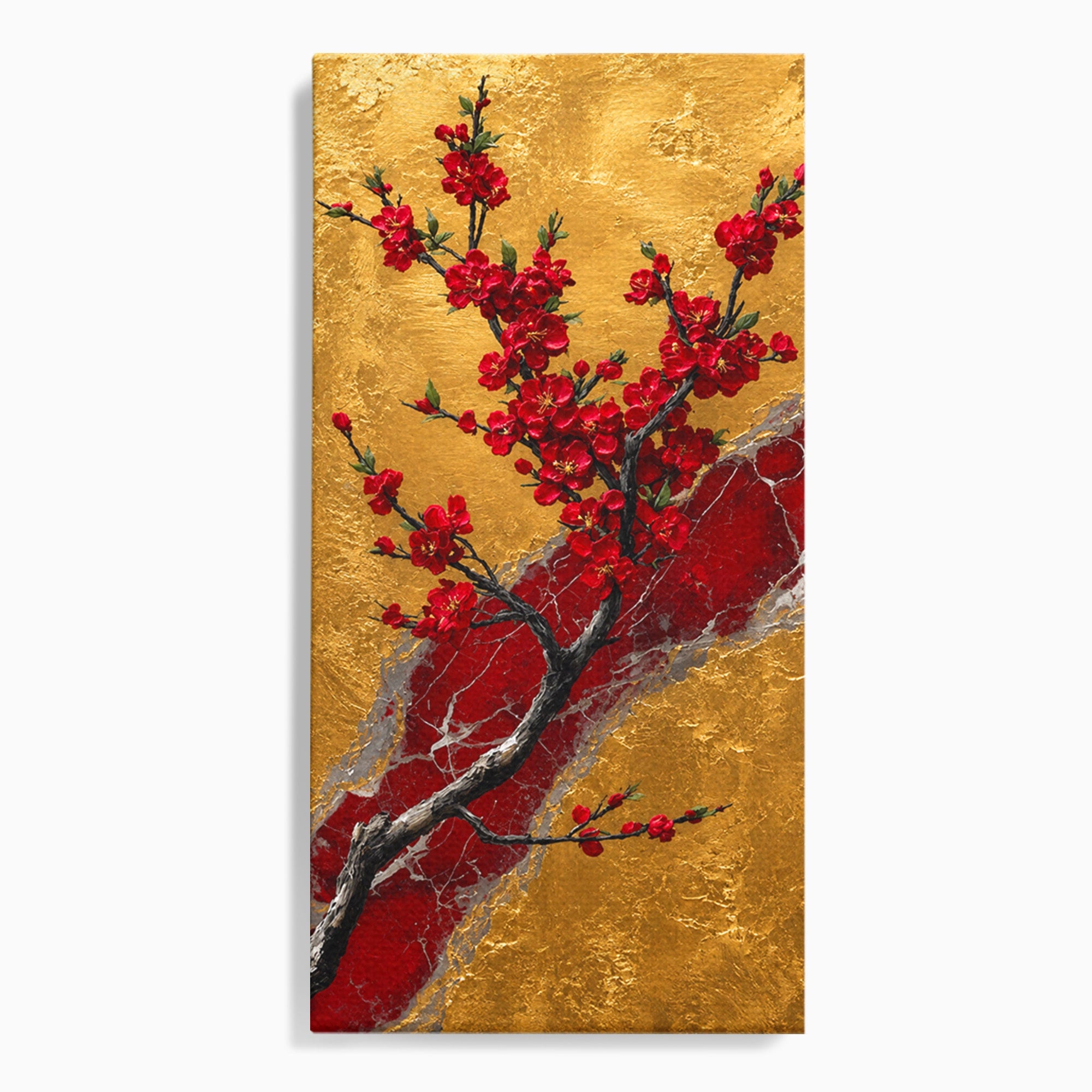 Tablou Canvas Premium LuxCanva® A1879, Sakura Pe Fundal Auriu, Sakura, Copac, Flori, Living, Dormitor, Culori Vibrante