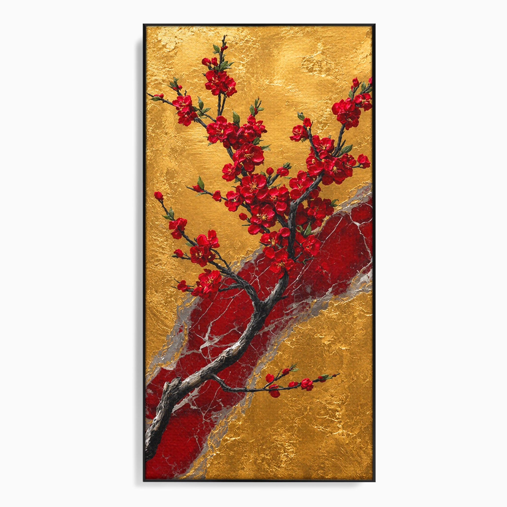 Tablou Canvas Premium LuxCanva® A1879, Sakura Pe Fundal Auriu, Sakura, Copac, Flori, Living, Dormitor, Culori Vibrante