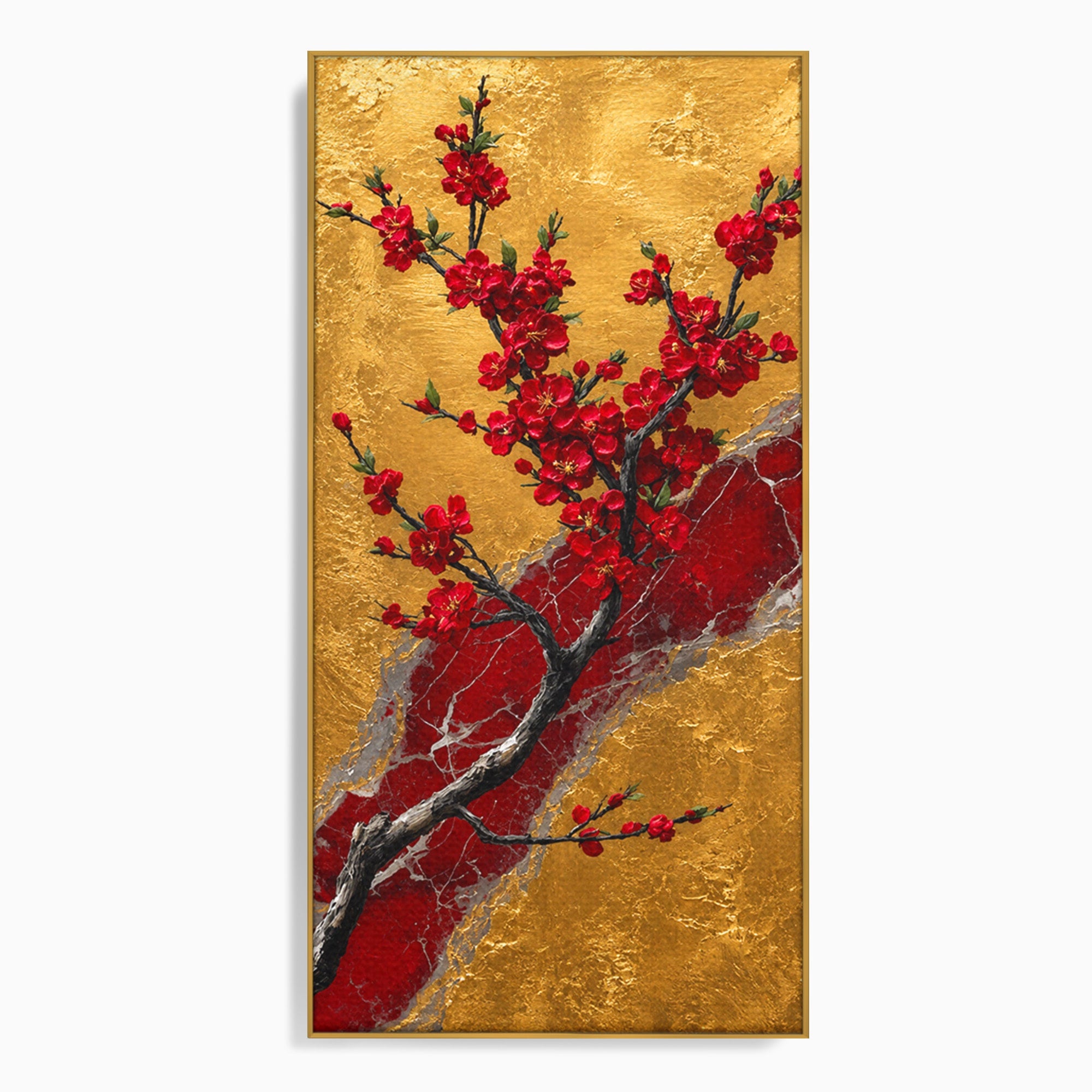 Tablou Canvas Premium LuxCanva® A1879, Sakura Pe Fundal Auriu, Sakura, Copac, Flori, Living, Dormitor, Culori Vibrante