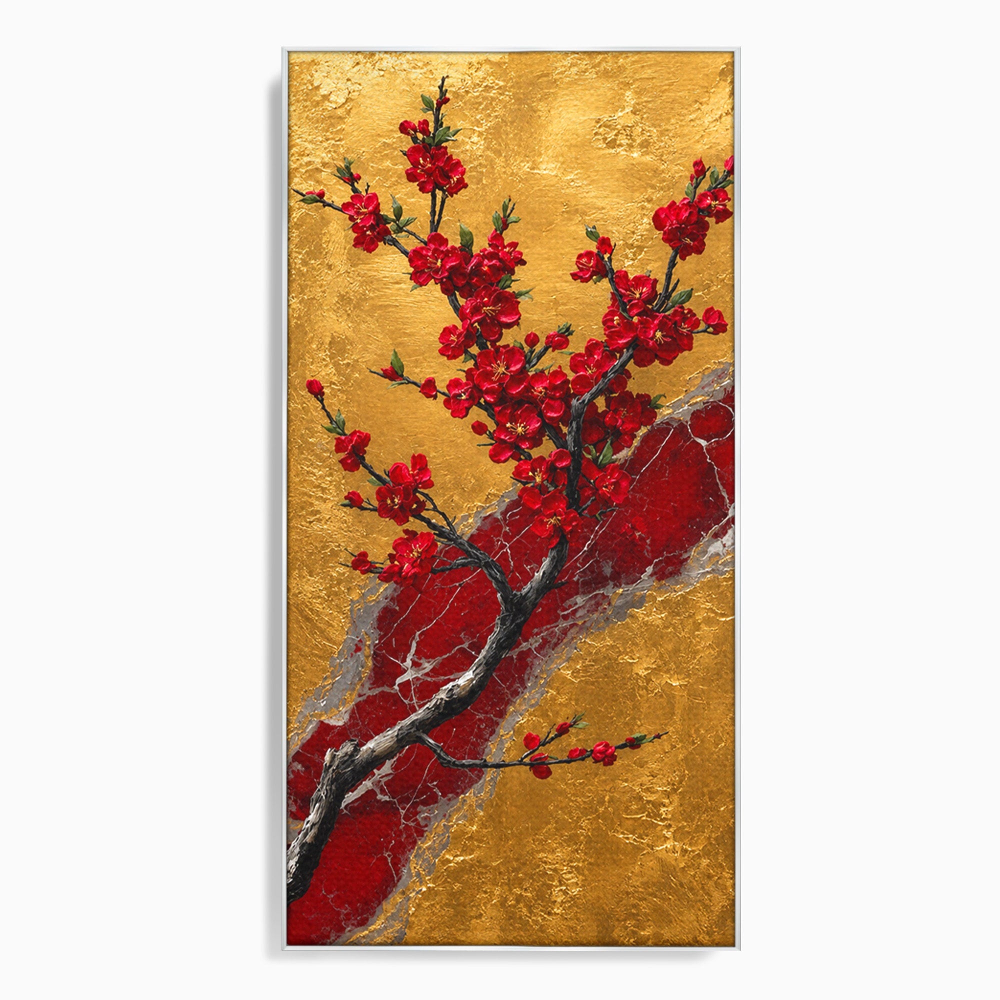 Tablou Canvas Premium LuxCanva® A1879, Sakura Pe Fundal Auriu, Sakura, Copac, Flori, Living, Dormitor, Culori Vibrante