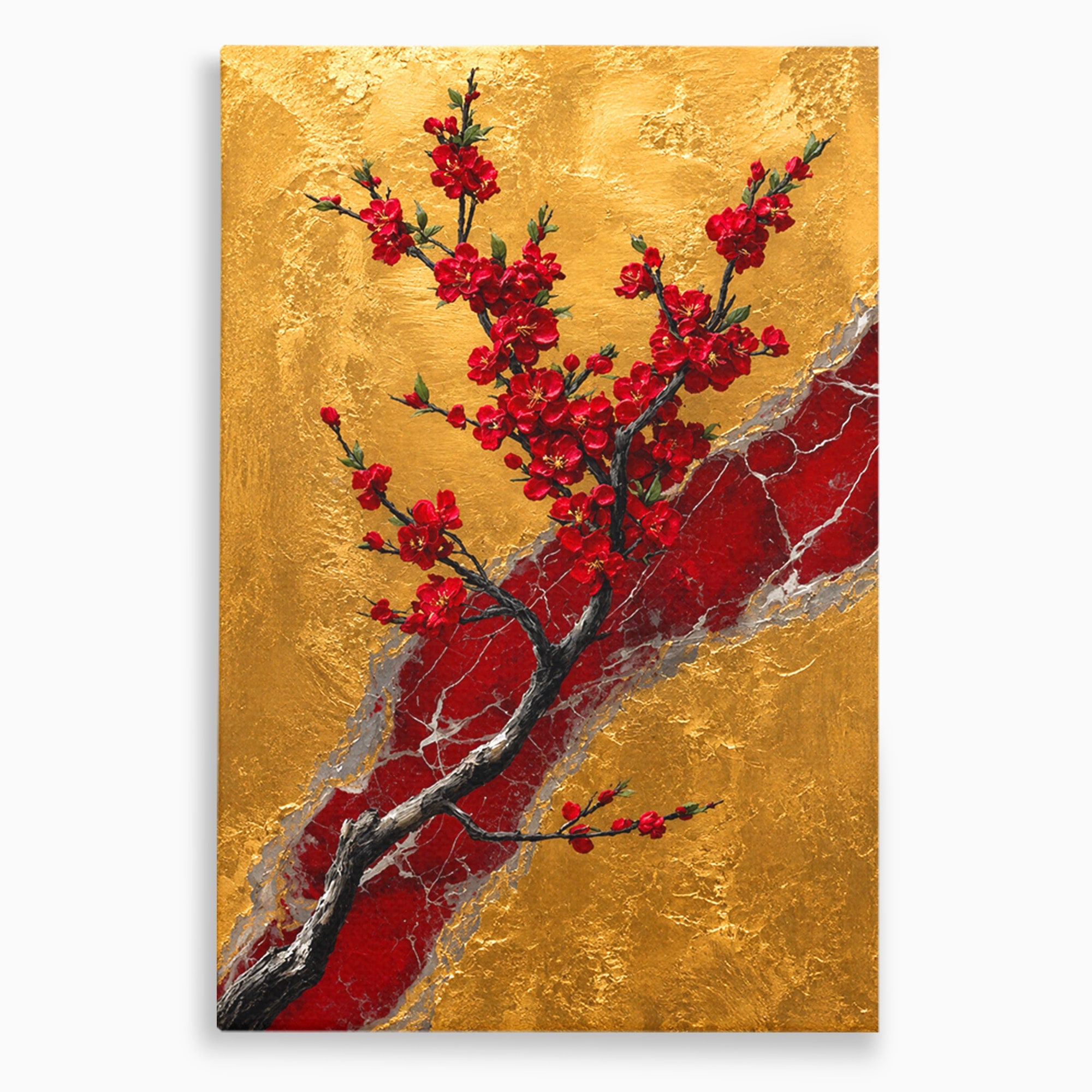 Tablou Canvas Premium LuxCanva® A1879, Sakura Pe Fundal Auriu, Sakura, Copac, Flori, Living, Dormitor, Culori Vibrante