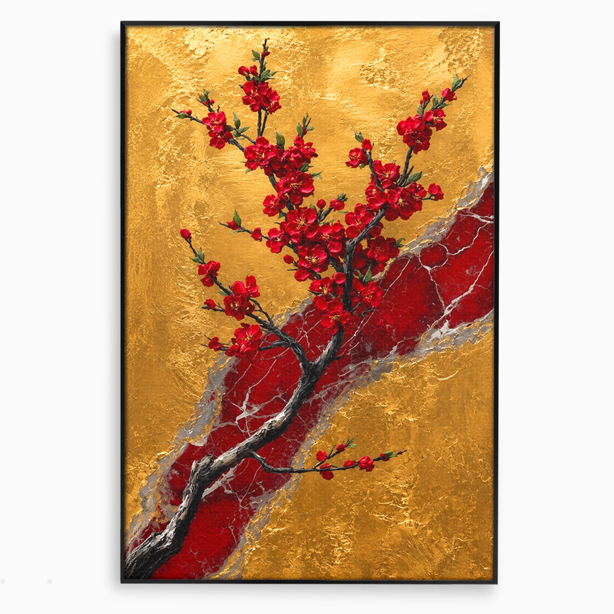 Tablou Canvas Premium LuxCanva® A1879, Sakura Pe Fundal Auriu, Sakura, Copac, Flori, Living, Dormitor, Culori Vibrante