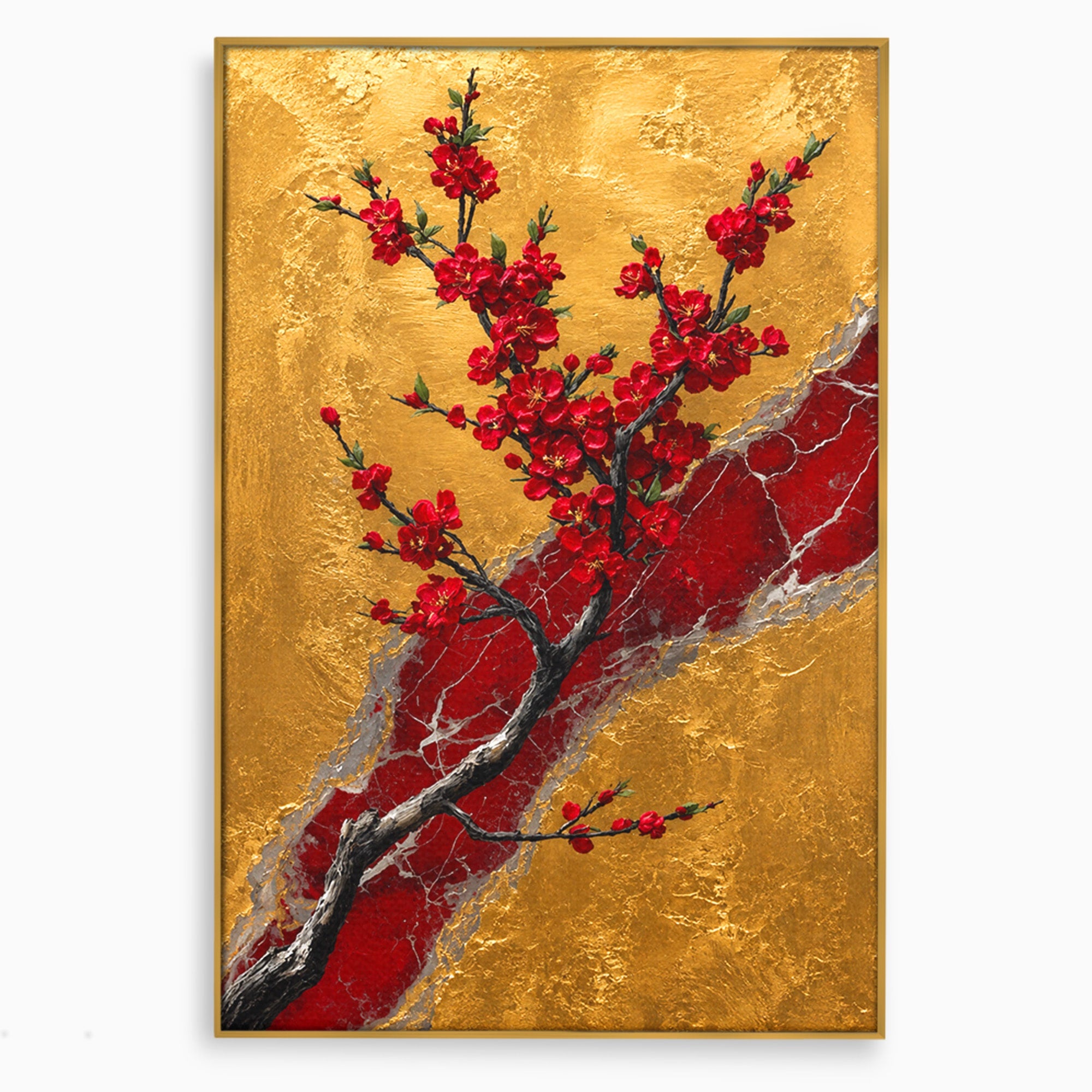 Tablou Canvas Premium LuxCanva® A1879, Sakura Pe Fundal Auriu, Sakura, Copac, Flori, Living, Dormitor, Culori Vibrante