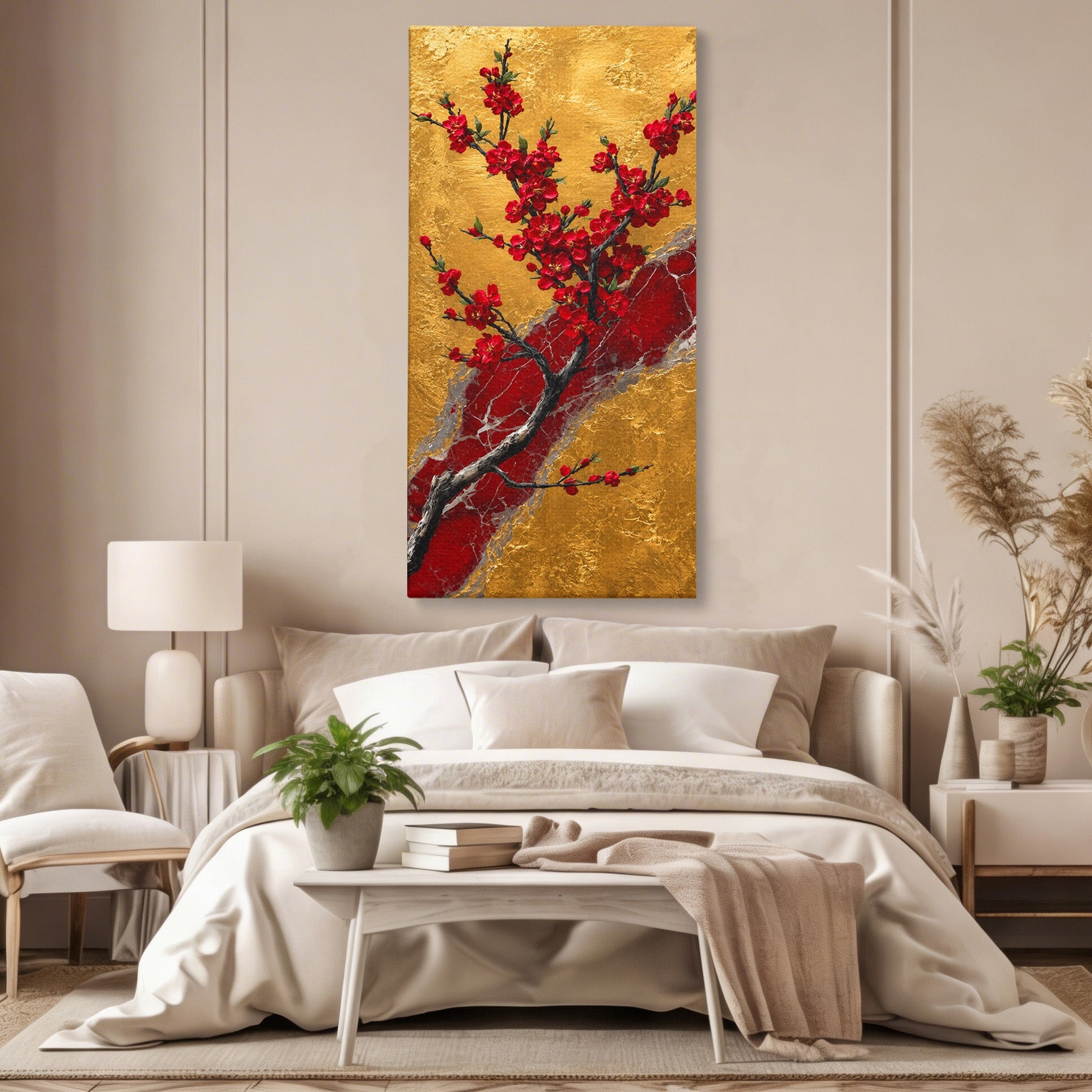 Tablou Canvas Premium LuxCanva® A1879, Sakura Pe Fundal Auriu, Sakura, Copac, Flori, Living, Dormitor, Culori Vibrante