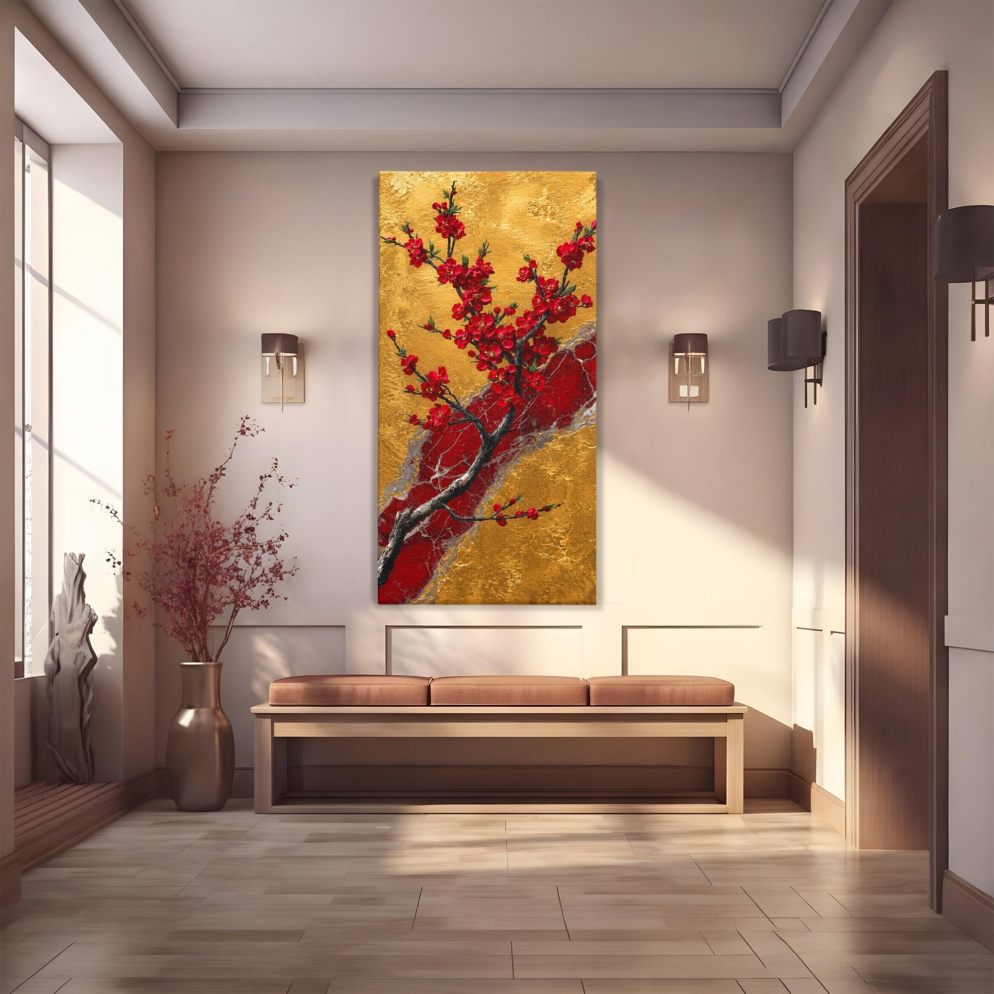 Tablou Canvas Premium LuxCanva® A1879, Sakura Pe Fundal Auriu, Sakura, Copac, Flori, Living, Dormitor, Culori Vibrante