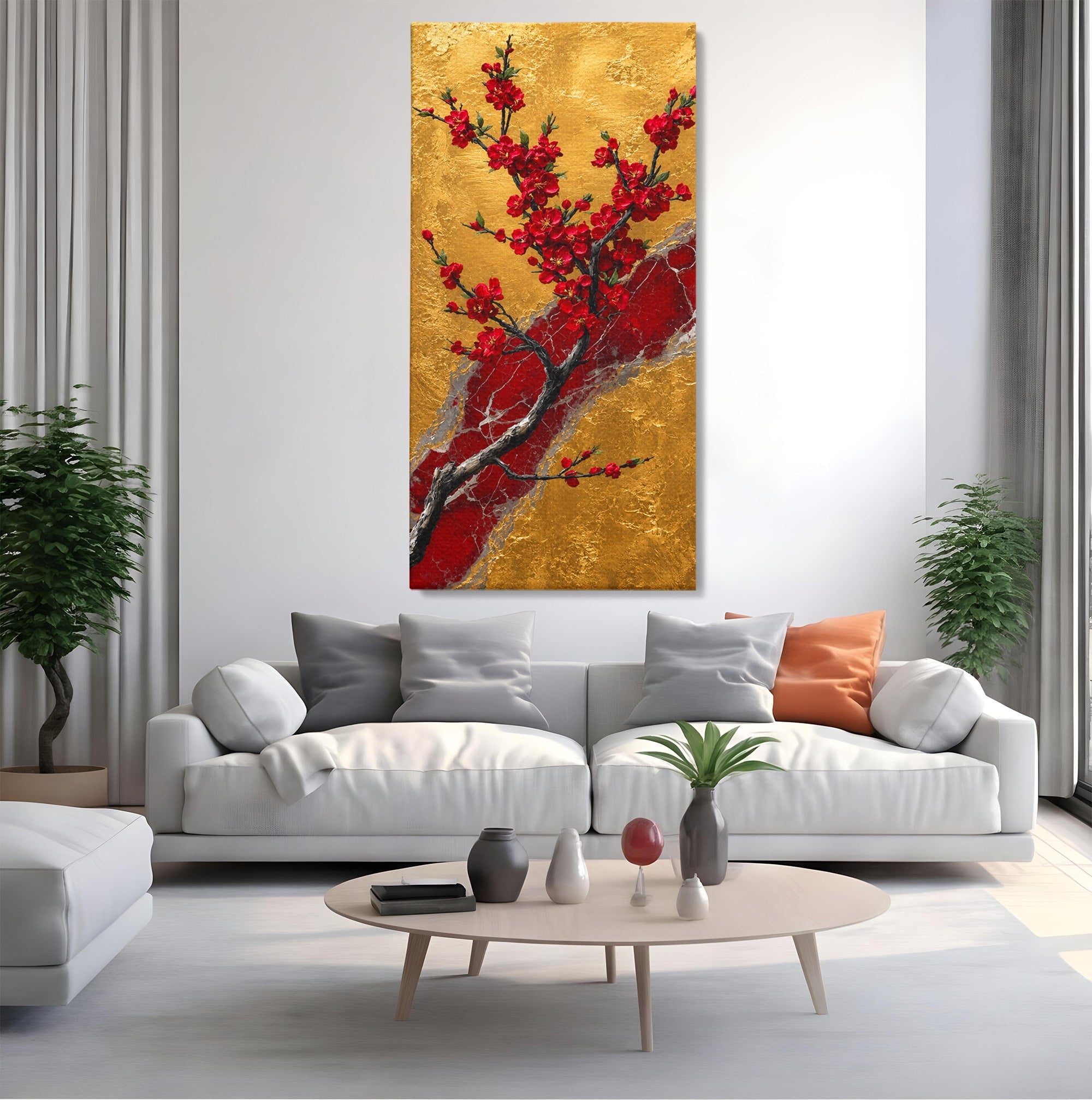 Tablou Canvas Premium LuxCanva® A1879, Sakura Pe Fundal Auriu, Sakura, Copac, Flori, Living, Dormitor, Culori Vibrante