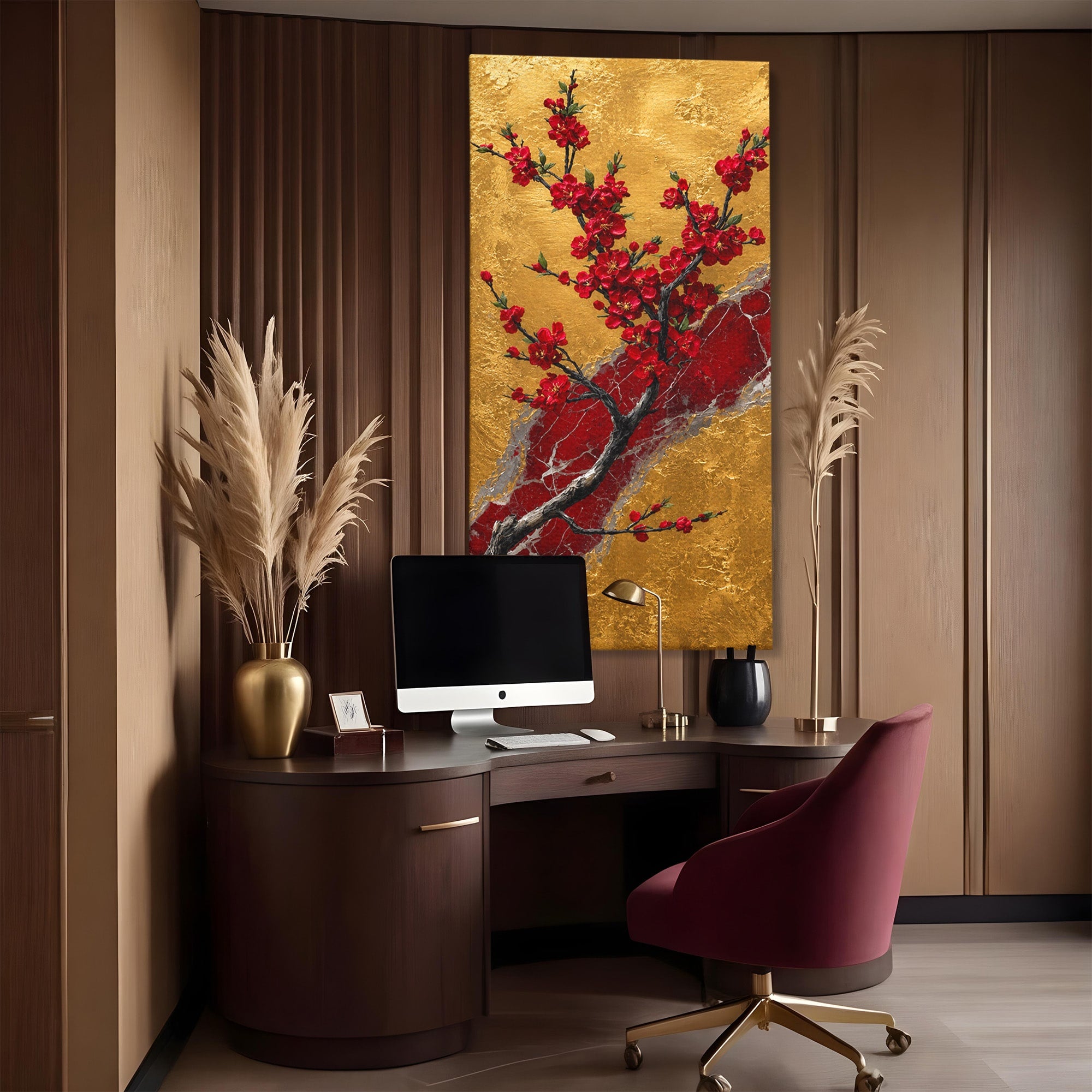 Tablou Canvas Premium LuxCanva® A1879, Sakura Pe Fundal Auriu, Sakura, Copac, Flori, Living, Dormitor, Culori Vibrante