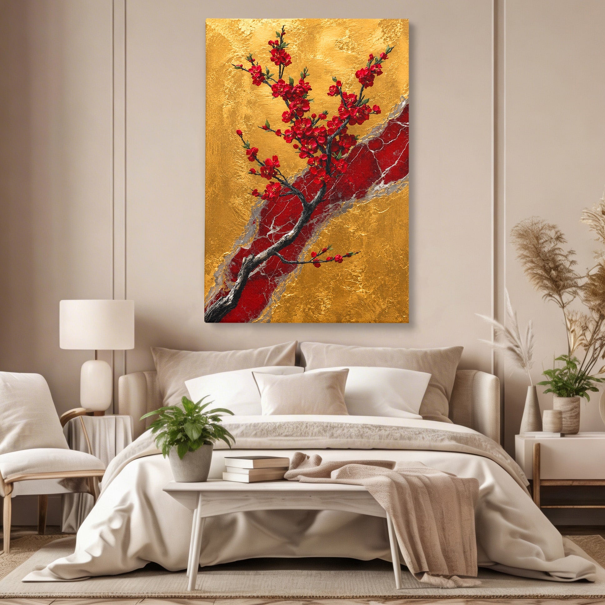 Tablou Canvas Premium LuxCanva® A1879, Sakura Pe Fundal Auriu, Sakura, Copac, Flori, Living, Dormitor, Culori Vibrante