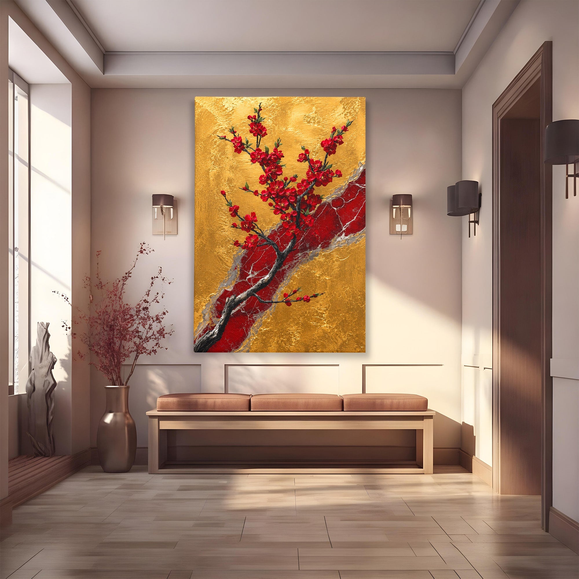 Tablou Canvas Premium LuxCanva® A1879, Sakura Pe Fundal Auriu, Sakura, Copac, Flori, Living, Dormitor, Culori Vibrante