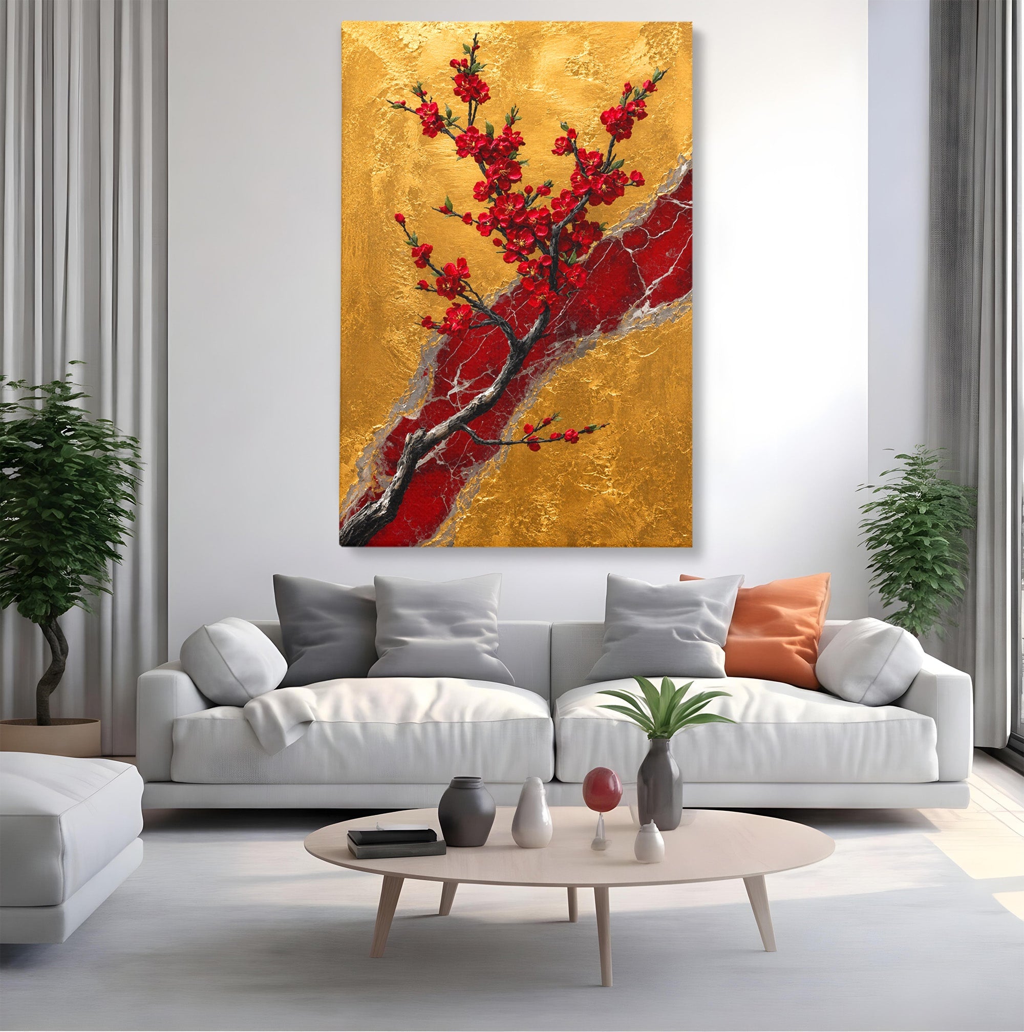 Tablou Canvas Premium LuxCanva® A1879, Sakura Pe Fundal Auriu, Sakura, Copac, Flori, Living, Dormitor, Culori Vibrante