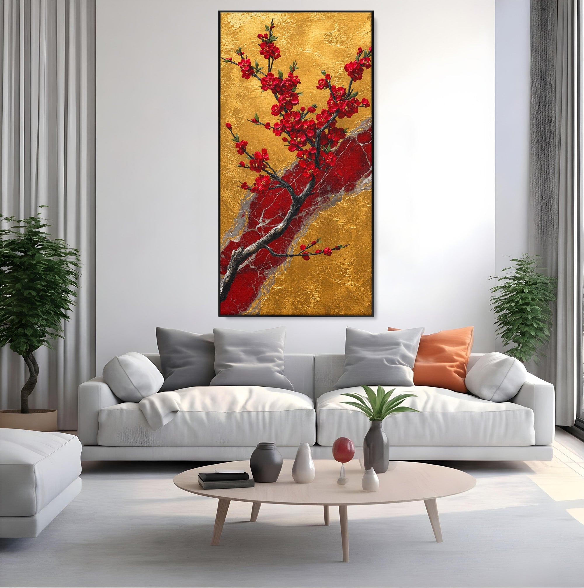 Tablou Canvas Premium LuxCanva® A1879, Sakura Pe Fundal Auriu, Sakura, Copac, Flori, Living, Dormitor, Culori Vibrante