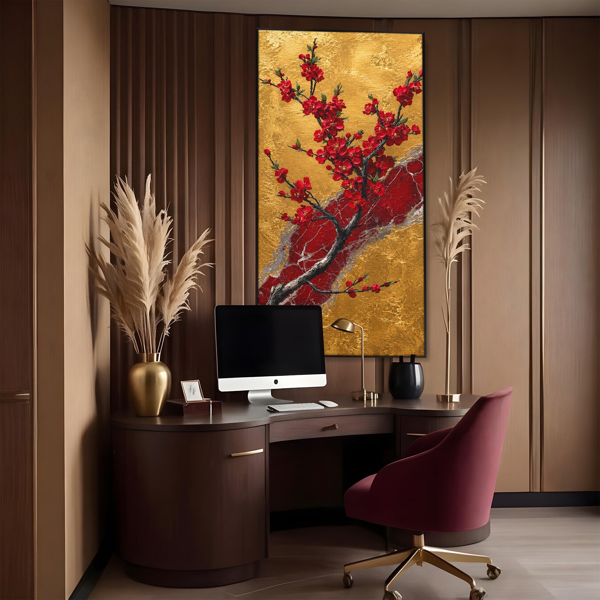 Tablou Canvas Premium LuxCanva® A1879, Sakura Pe Fundal Auriu, Sakura, Copac, Flori, Living, Dormitor, Culori Vibrante