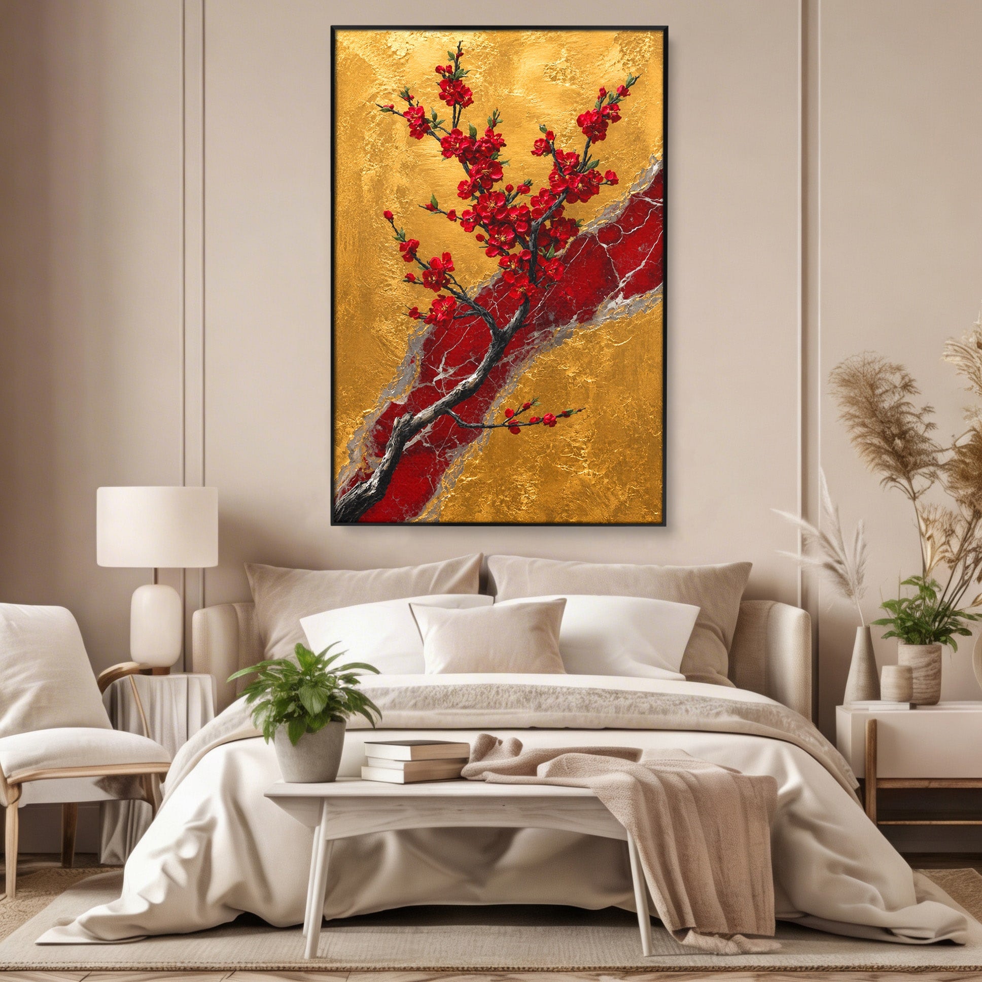 Tablou Canvas Premium LuxCanva® A1879, Sakura Pe Fundal Auriu, Sakura, Copac, Flori, Living, Dormitor, Culori Vibrante