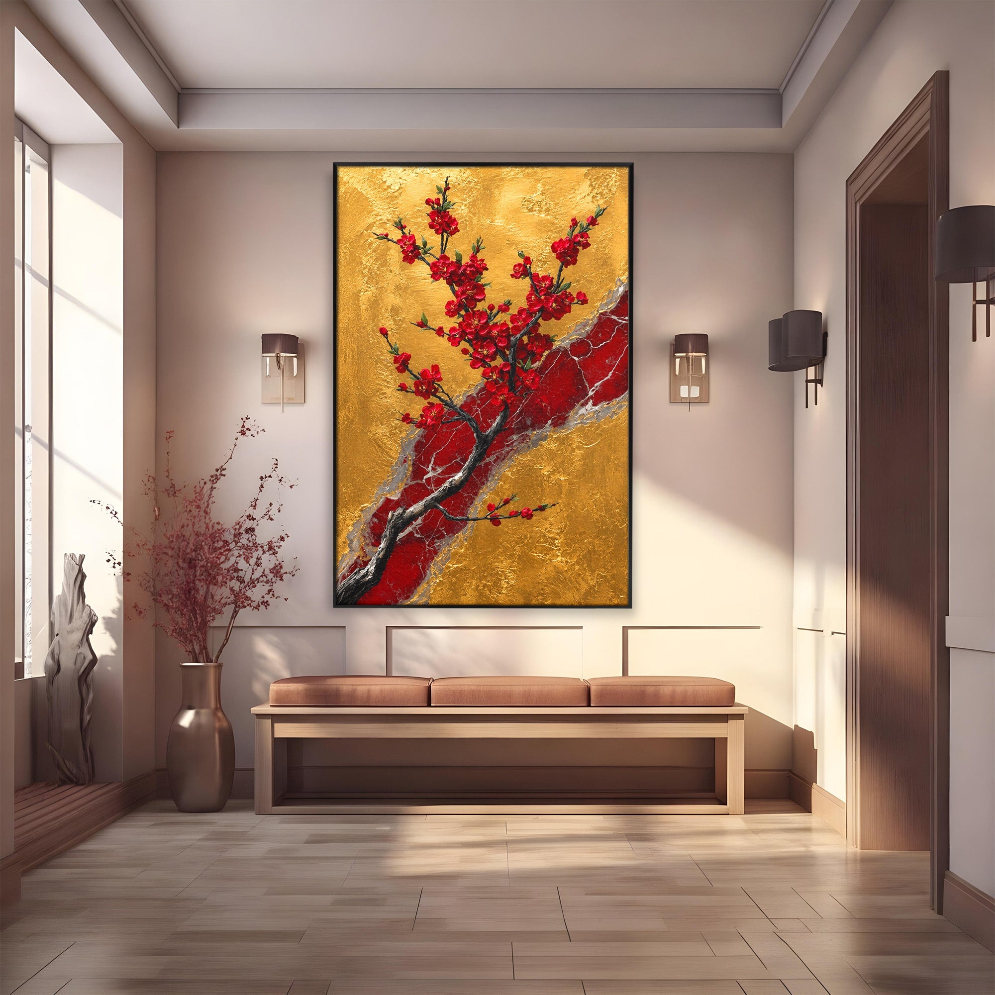 Tablou Canvas Premium LuxCanva® A1879, Sakura Pe Fundal Auriu, Sakura, Copac, Flori, Living, Dormitor, Culori Vibrante