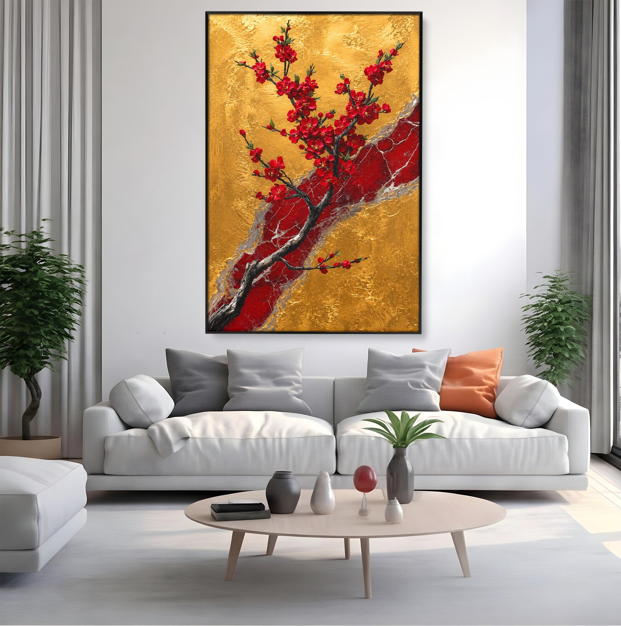 Tablou Canvas Premium LuxCanva® A1879, Sakura Pe Fundal Auriu, Sakura, Copac, Flori, Living, Dormitor, Culori Vibrante