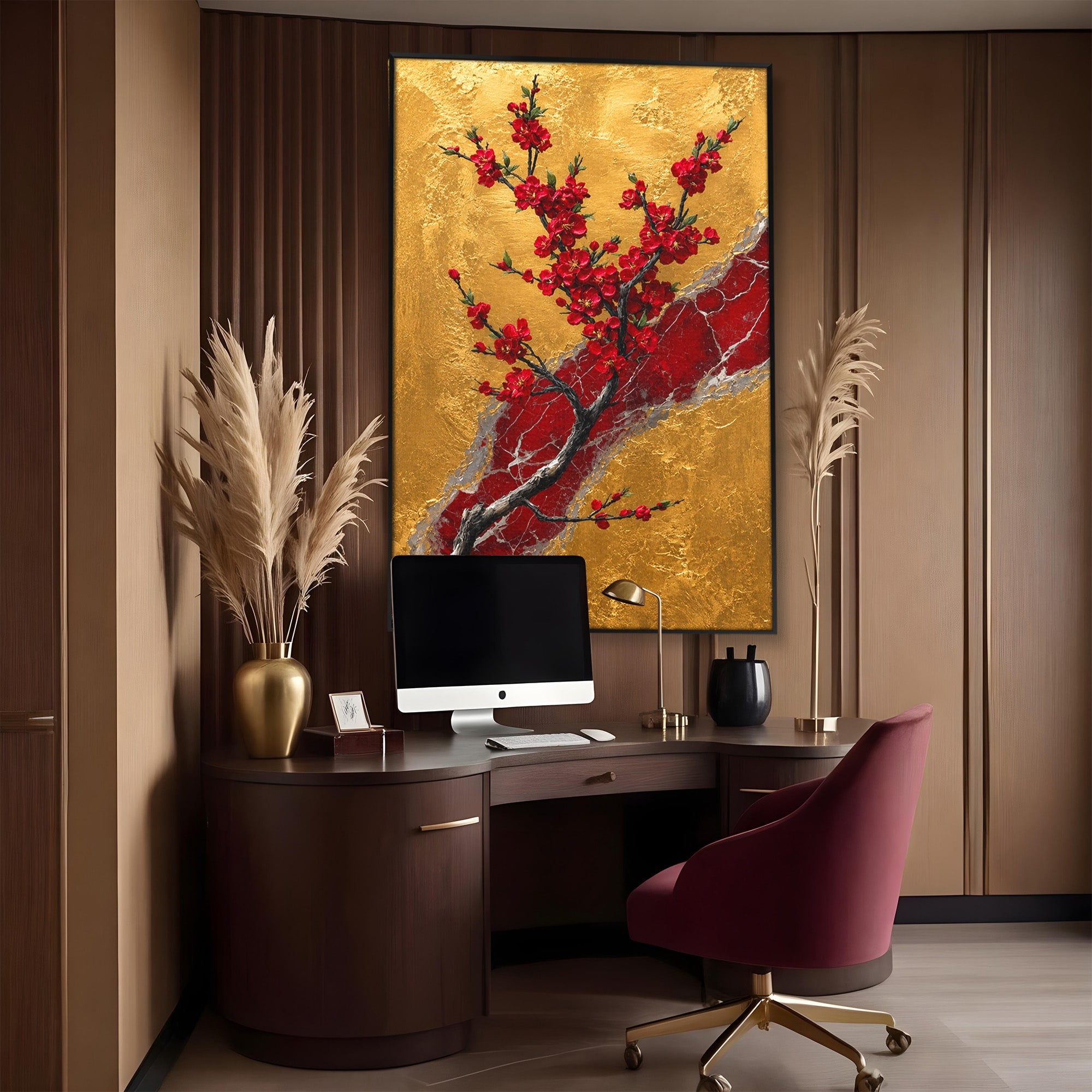 Tablou Canvas Premium LuxCanva® A1879, Sakura Pe Fundal Auriu, Sakura, Copac, Flori, Living, Dormitor, Culori Vibrante
