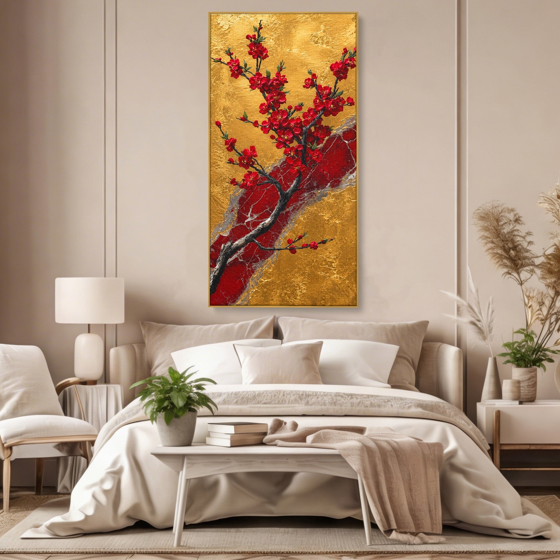 Tablou Canvas Premium LuxCanva® A1879, Sakura Pe Fundal Auriu, Sakura, Copac, Flori, Living, Dormitor, Culori Vibrante