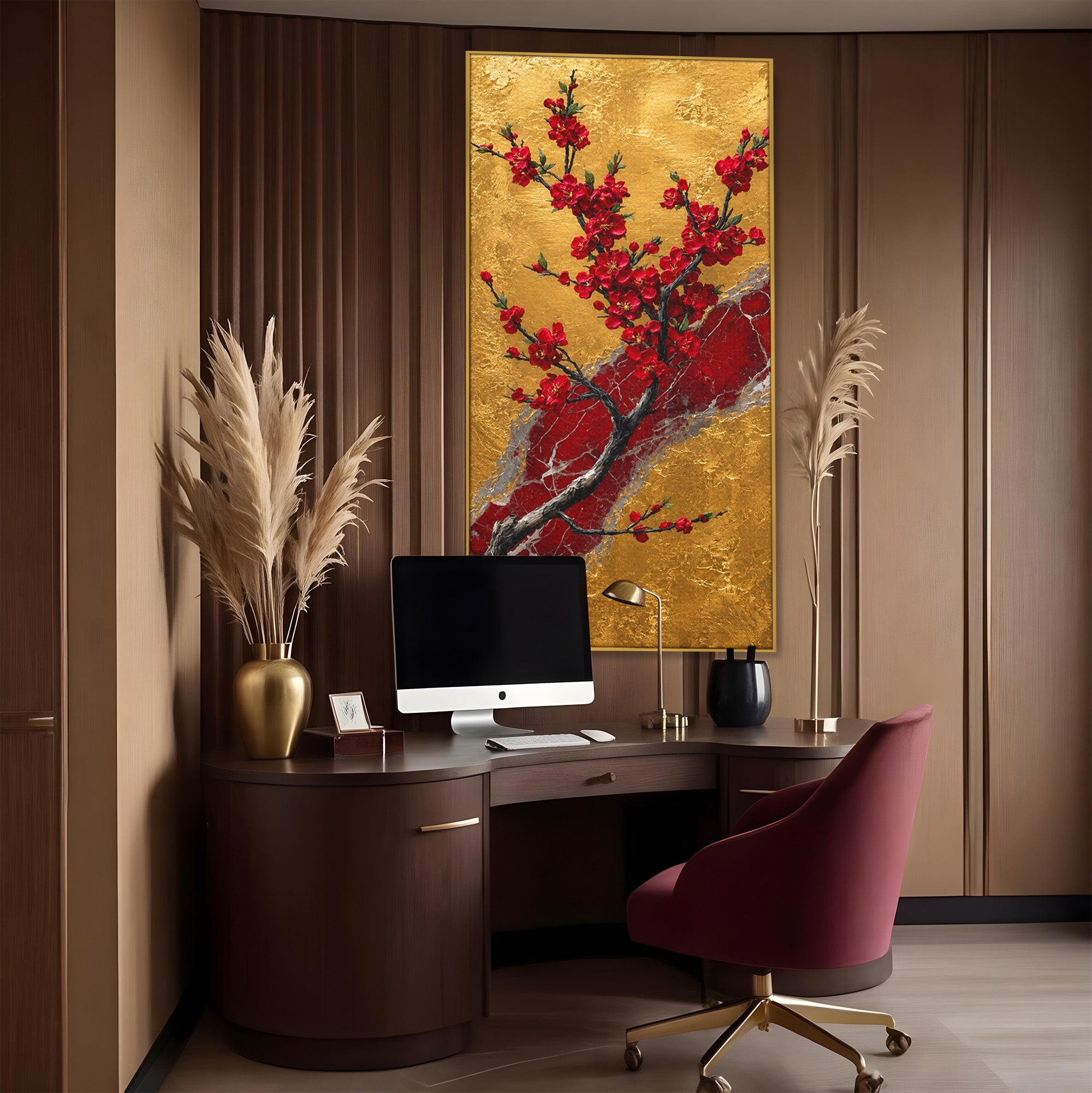 Tablou Canvas Premium LuxCanva® A1879, Sakura Pe Fundal Auriu, Sakura, Copac, Flori, Living, Dormitor, Culori Vibrante