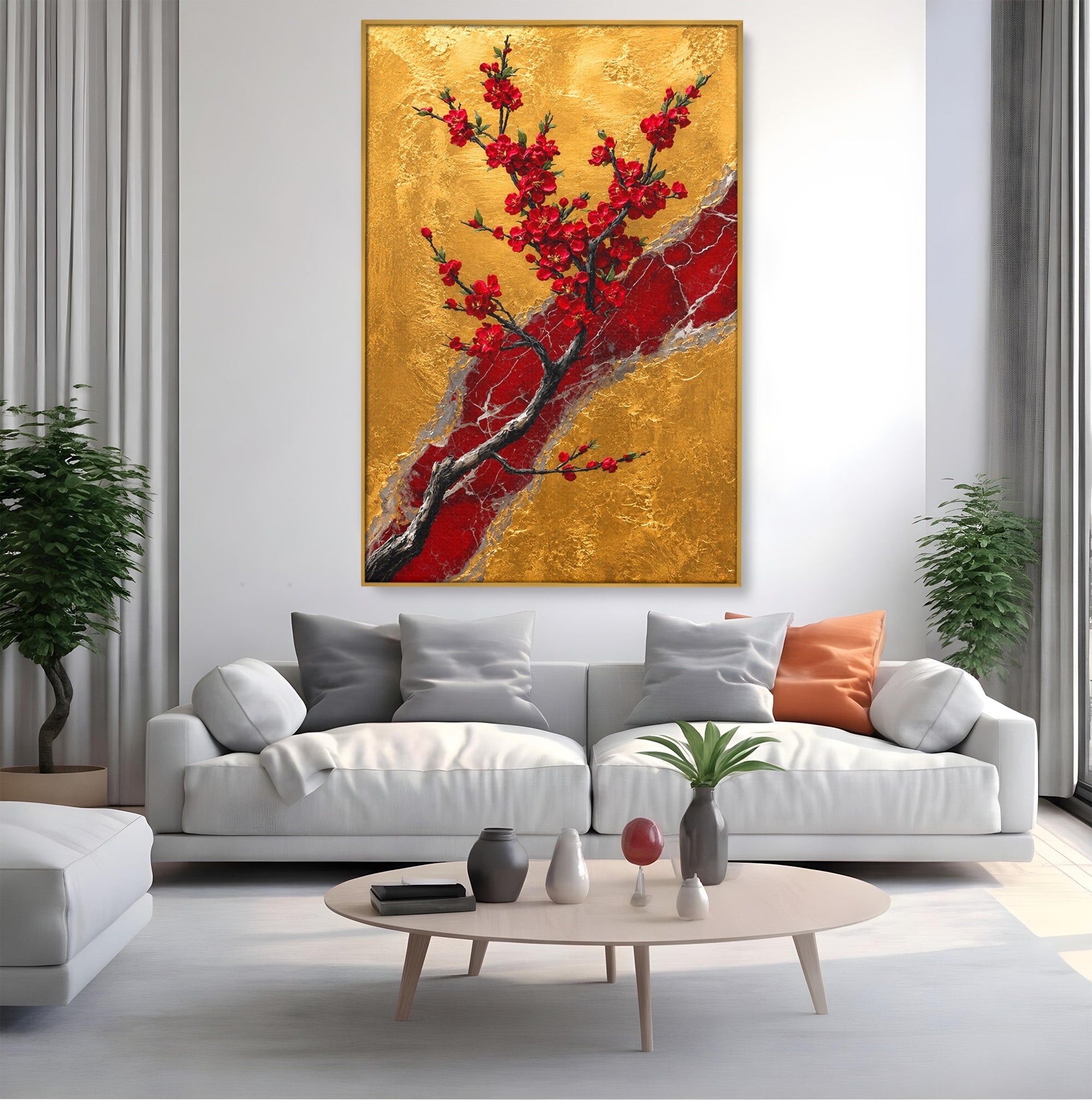 Tablou Canvas Premium LuxCanva® A1879, Sakura Pe Fundal Auriu, Sakura, Copac, Flori, Living, Dormitor, Culori Vibrante