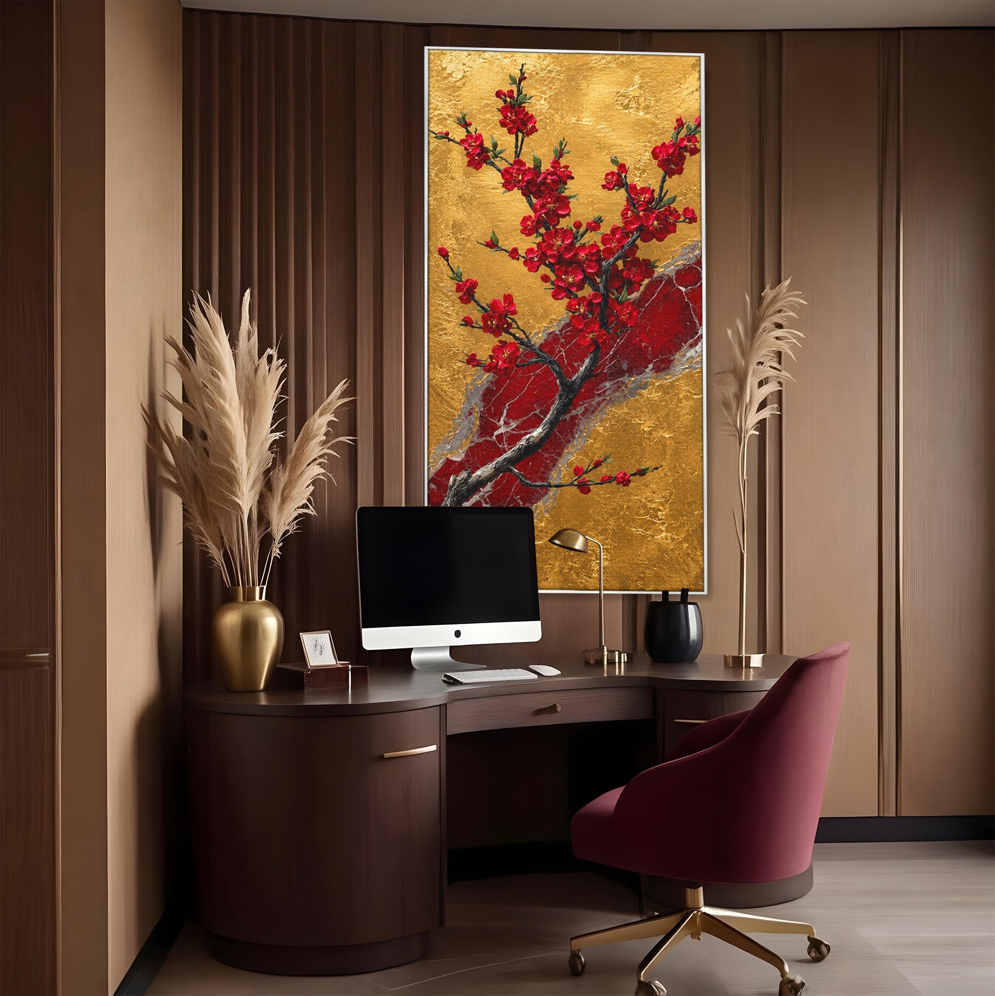 Tablou Canvas Premium LuxCanva® A1879, Sakura Pe Fundal Auriu, Sakura, Copac, Flori, Living, Dormitor, Culori Vibrante
